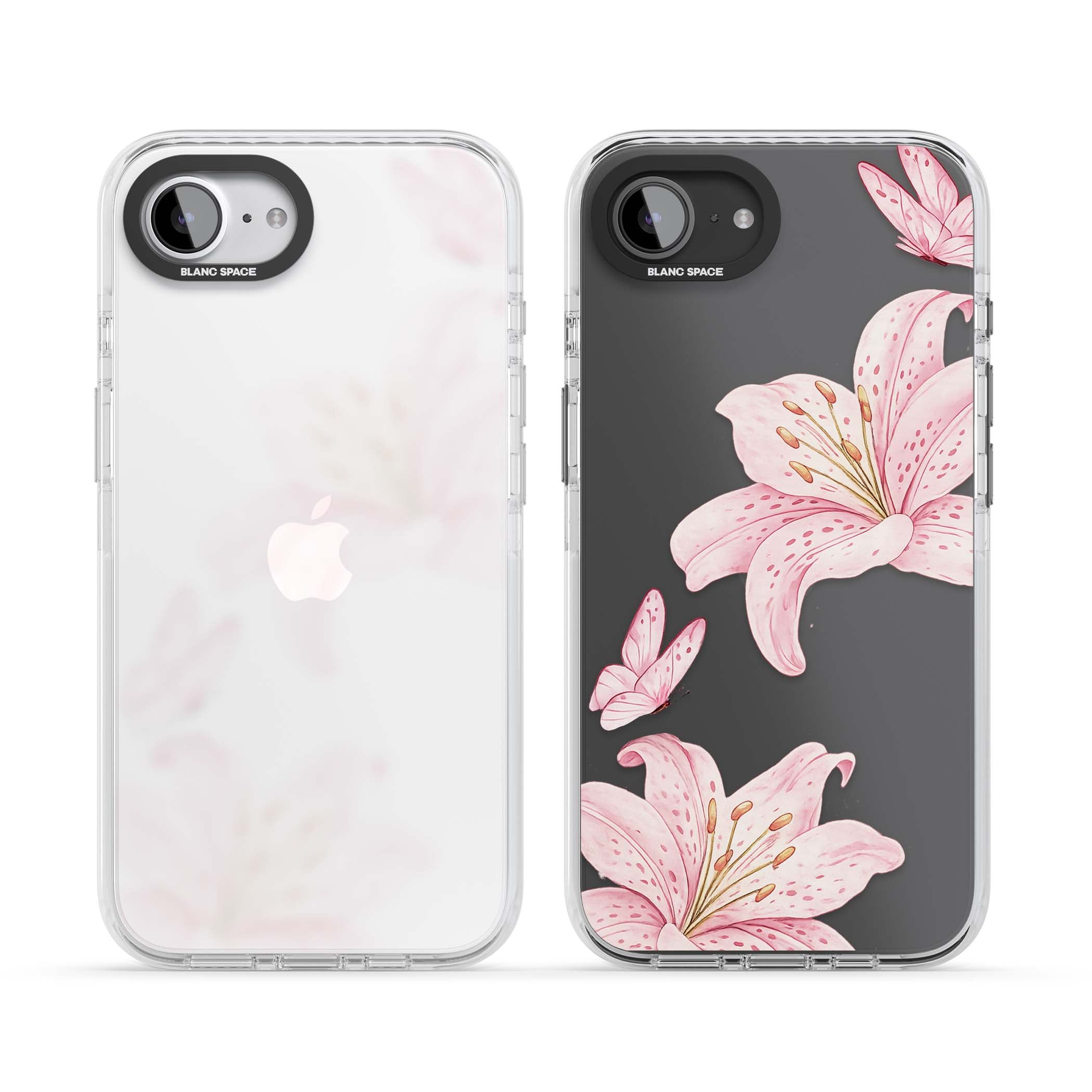 Lily Whisper floral iPhone case featuring pink watercolour lilies and delicate butterflies on a clear background | Clear Impact case for iPhone 16e, iPhone 17e