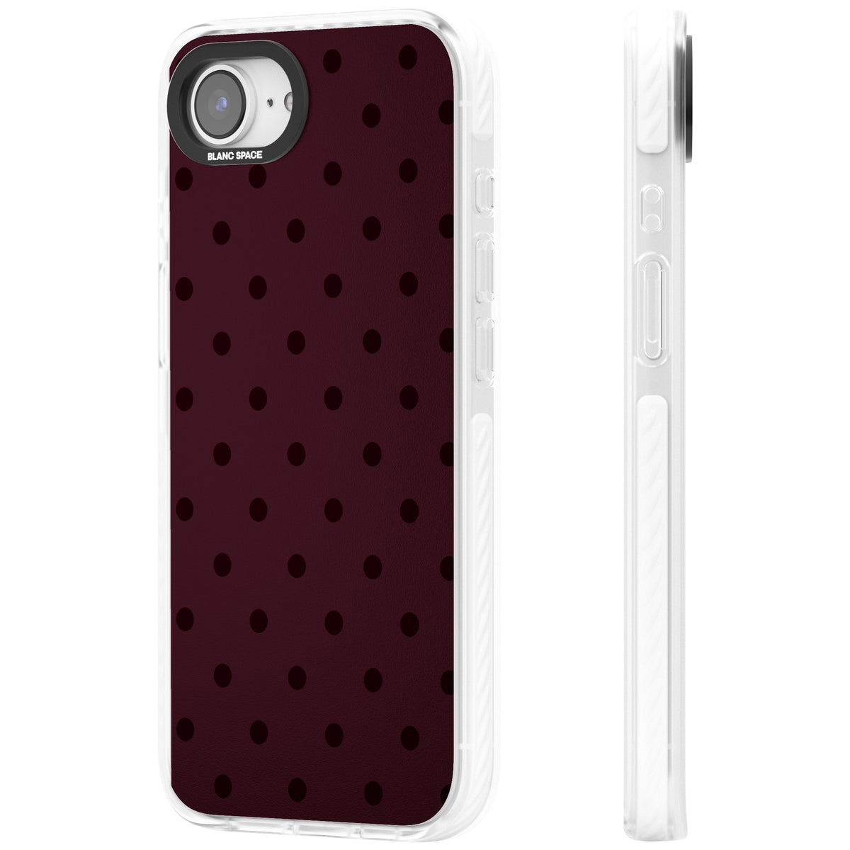 Burgundy Polka Dot minimalist iPhone case featuring black polka dots on a deep burgundy wine red background iPhone 16e / iPhone 16E / iPhone 17e Impact Clear Phone Case side