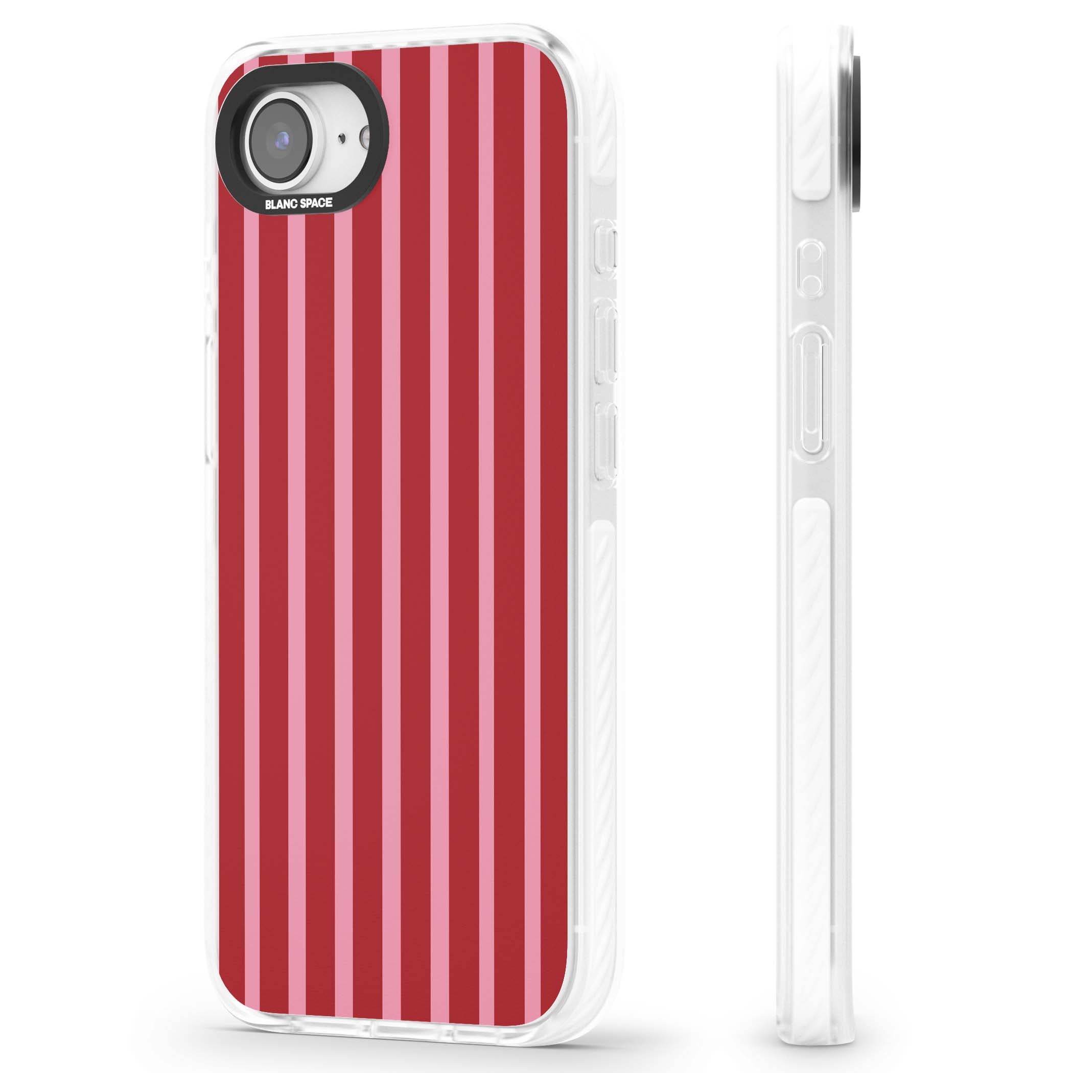 Raspberry Stripe coquette iPhone case featuring red and pink vertical stripes in a candy-inspired pattern | Clear Impact case for iPhone 16e, iPhone 17e