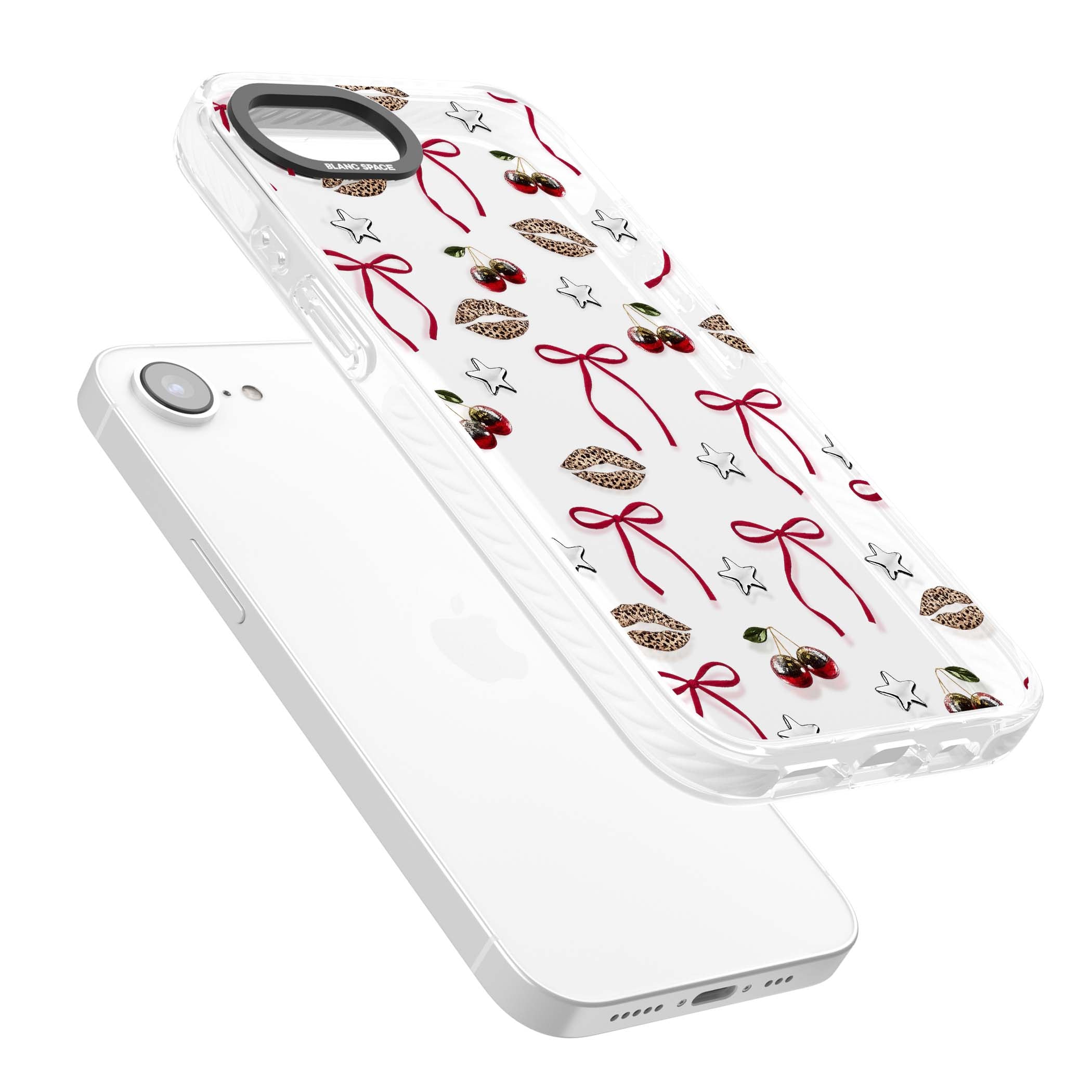 Starlet coquette iPhone case featuring red ribbon bows, disco cherries and leopard-print lips | Clear Impact case for iPhone 16e, iPhone 17e