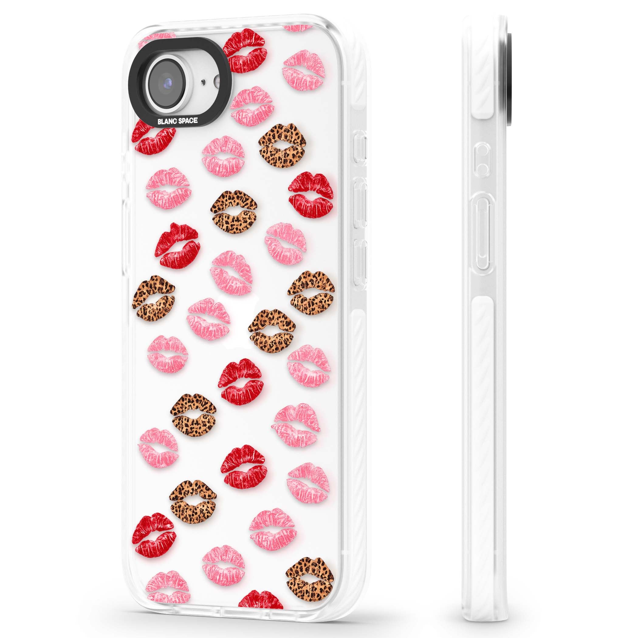 Wild Kisses coquette iPhone case featuring red, pink and leopard print lipstick kiss marks on a clear background | Clear Impact case for iPhone 16e, iPhone 17e