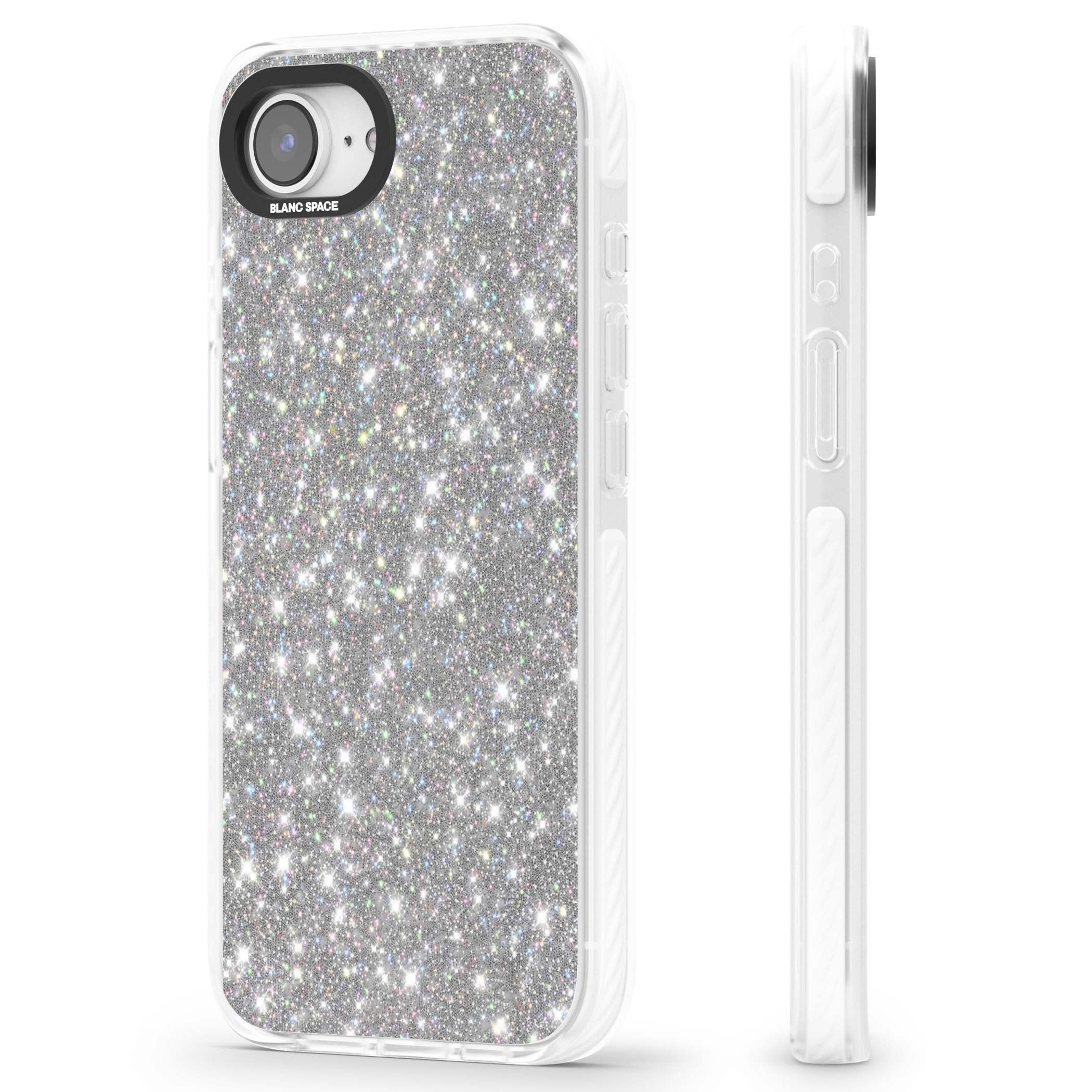 Diamond glam iPhone case featuring silver glitter sparkle and shimmering diamond dust effect | Clear Impact case for iPhone 16e, iPhone 17e