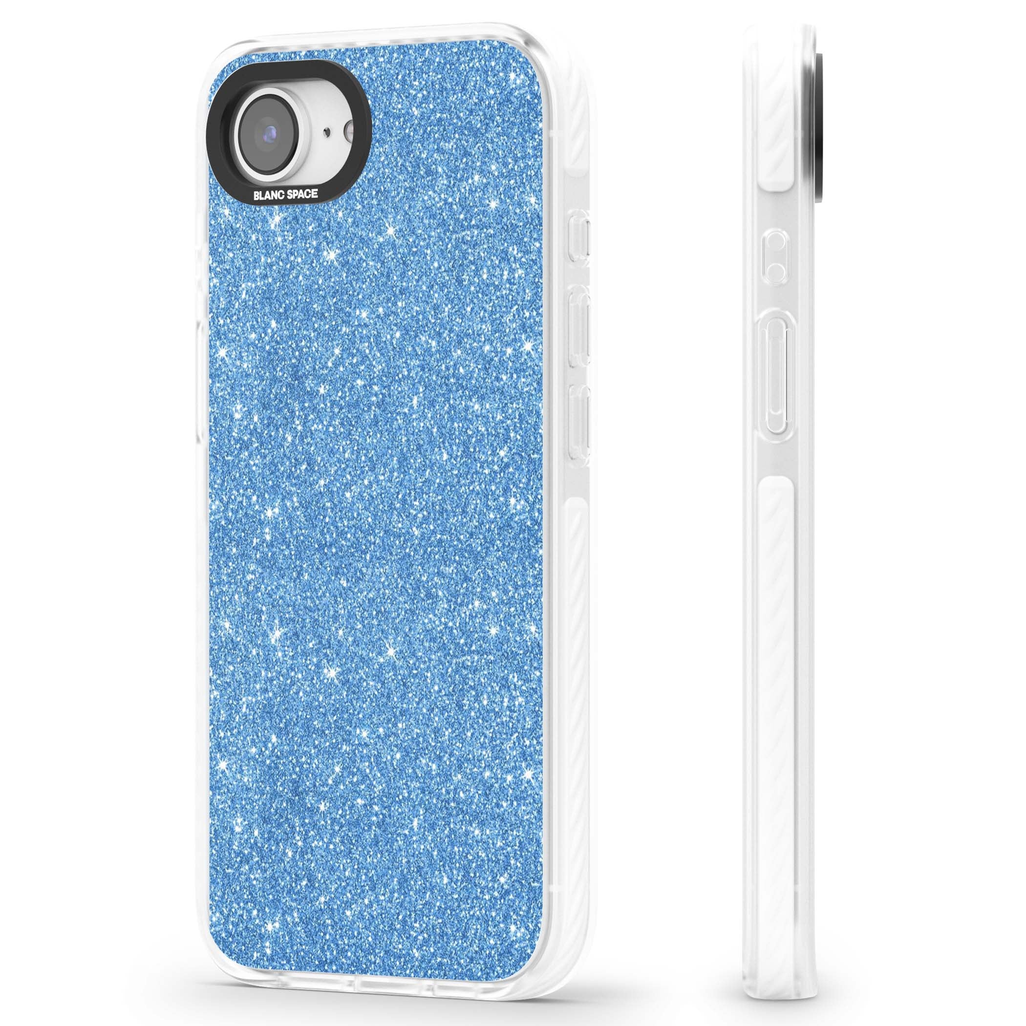 Blue Glitter blue glitter iPhone case featuring dense sparkling cerulean glitter with a glamorous shimmering finish | Clear Impact case for iPhone 16e, iPhone 17e