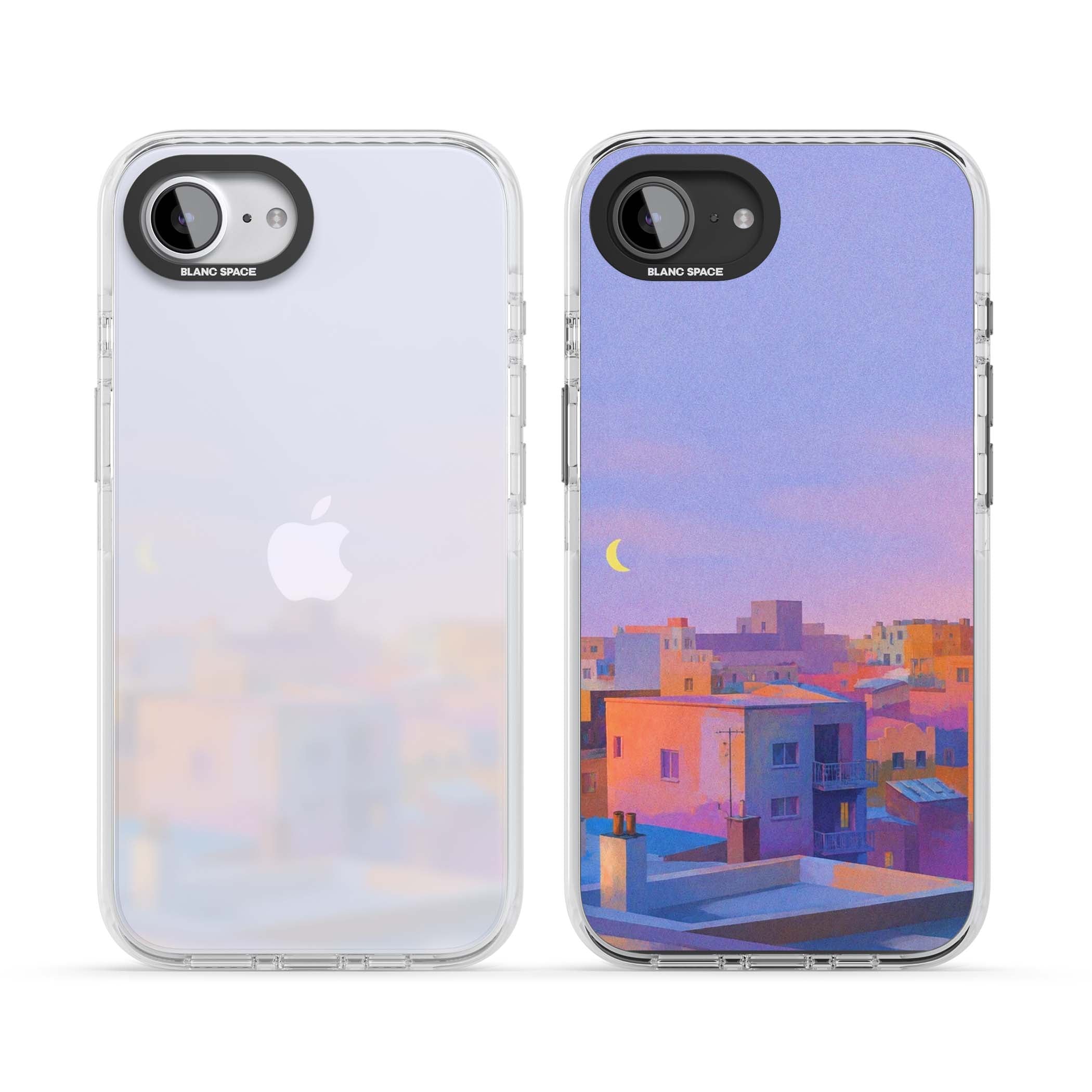Twilight Rooftops vaporwave iPhone case featuring a pastel sunset cityscape, painted rooftops and a crescent moon. | Clear Impact case for iPhone 16e, iPhone 17e