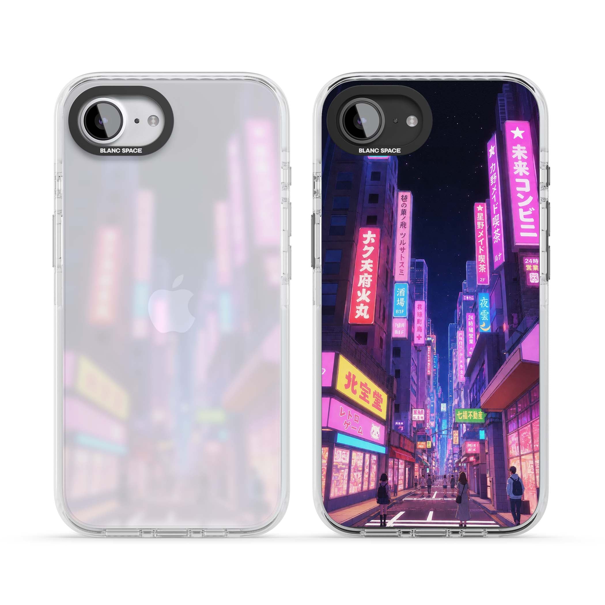 Shibuya At Night Japanese neon city iPhone case featuring glowing kanji signs, pink storefronts and a Tokyo street at n | Clear Impact case for iPhone 16e, iPhone 17e
