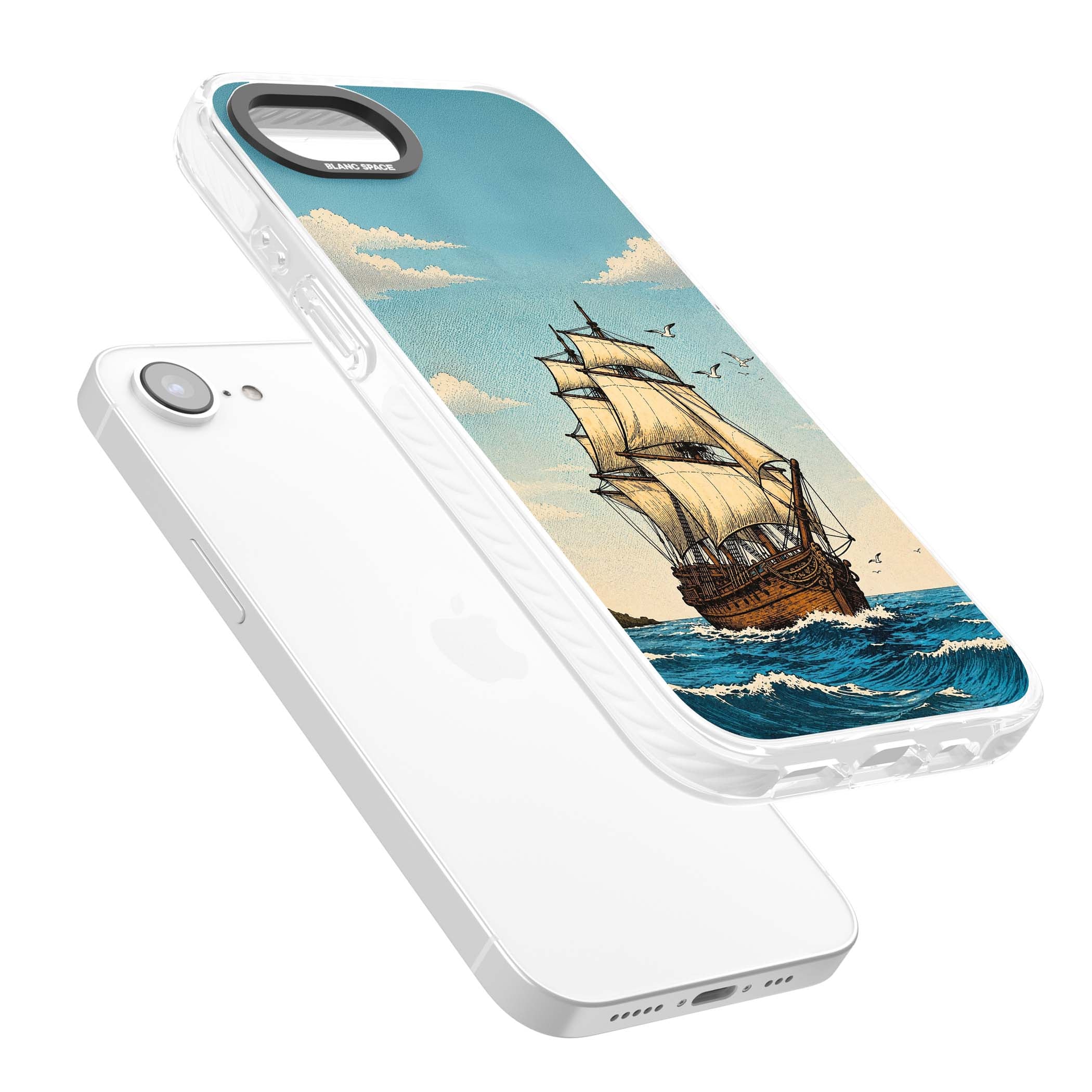 Ship at Sea nautical iPhone case featuring a vintage tall ship, ocean waves and seagulls | Clear Impact case for iPhone 16e, iPhone 17e