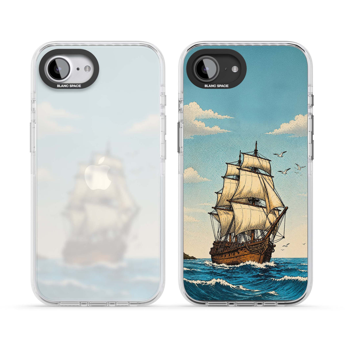 Ship at Sea nautical iPhone case featuring a vintage tall ship, ocean waves and seagulls | Clear Impact case for iPhone 16e, iPhone 17e
