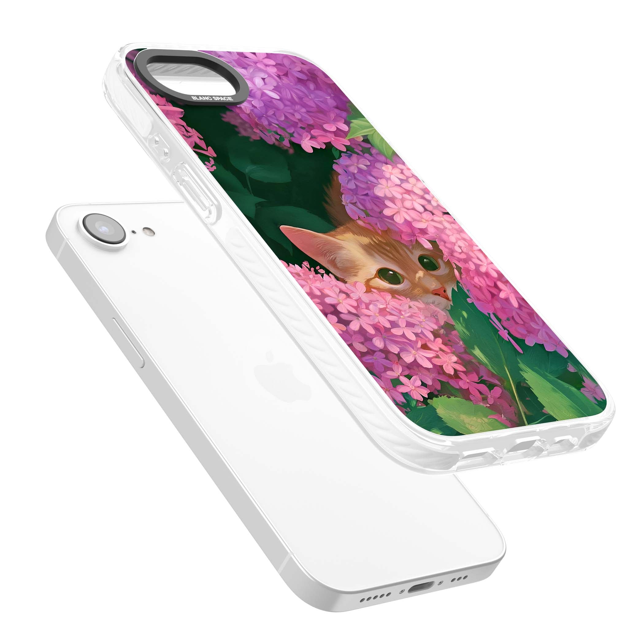 Cat In Pink Flowers cottagecore iPhone case featuring a ginger kitten peeking through lilac and pink hydrangea flo | Clear Impact case for iPhone 16e, iPhone 17e