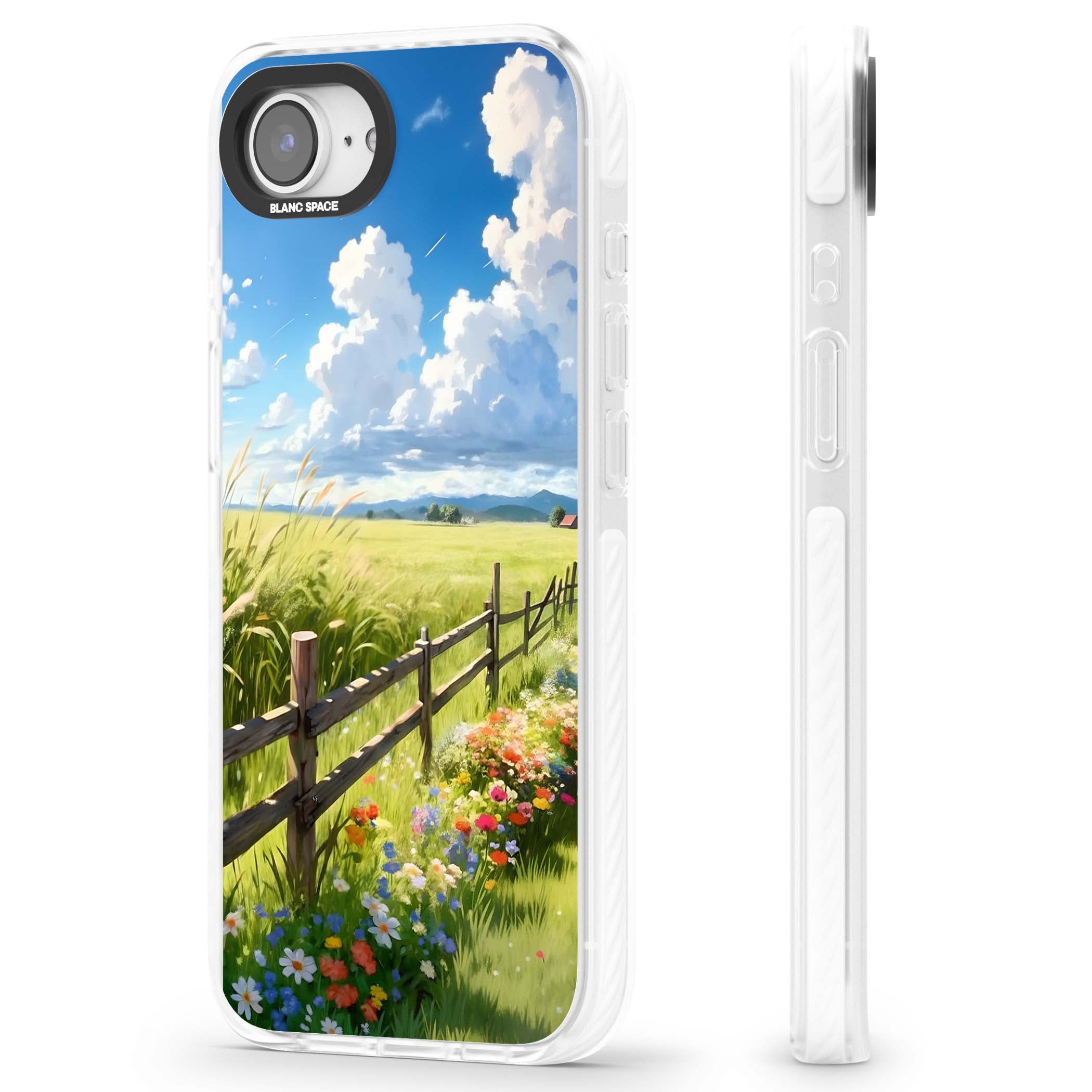 A Countryside Afternoon cottagecore iPhone case featuring a painted countryside meadow, wooden fence, and wildflowers beneath | Clear Impact case for iPhone 16e, iPhone 17e
