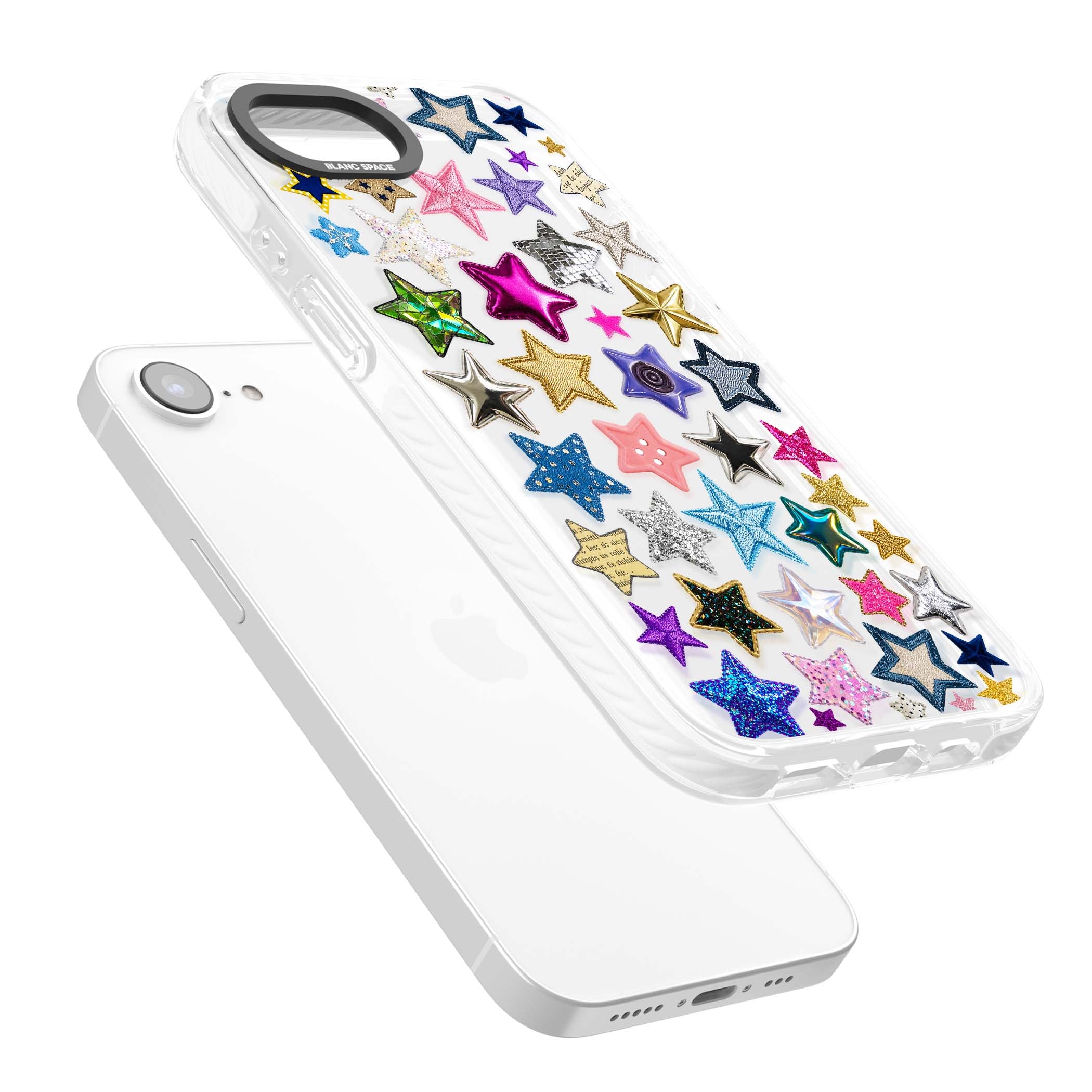 Crafty Star Mix Y2K iPhone case featuring embroidered, sequinned and glitter star patches in rainbow colours | Clear Impact case for iPhone 16e, iPhone 17e