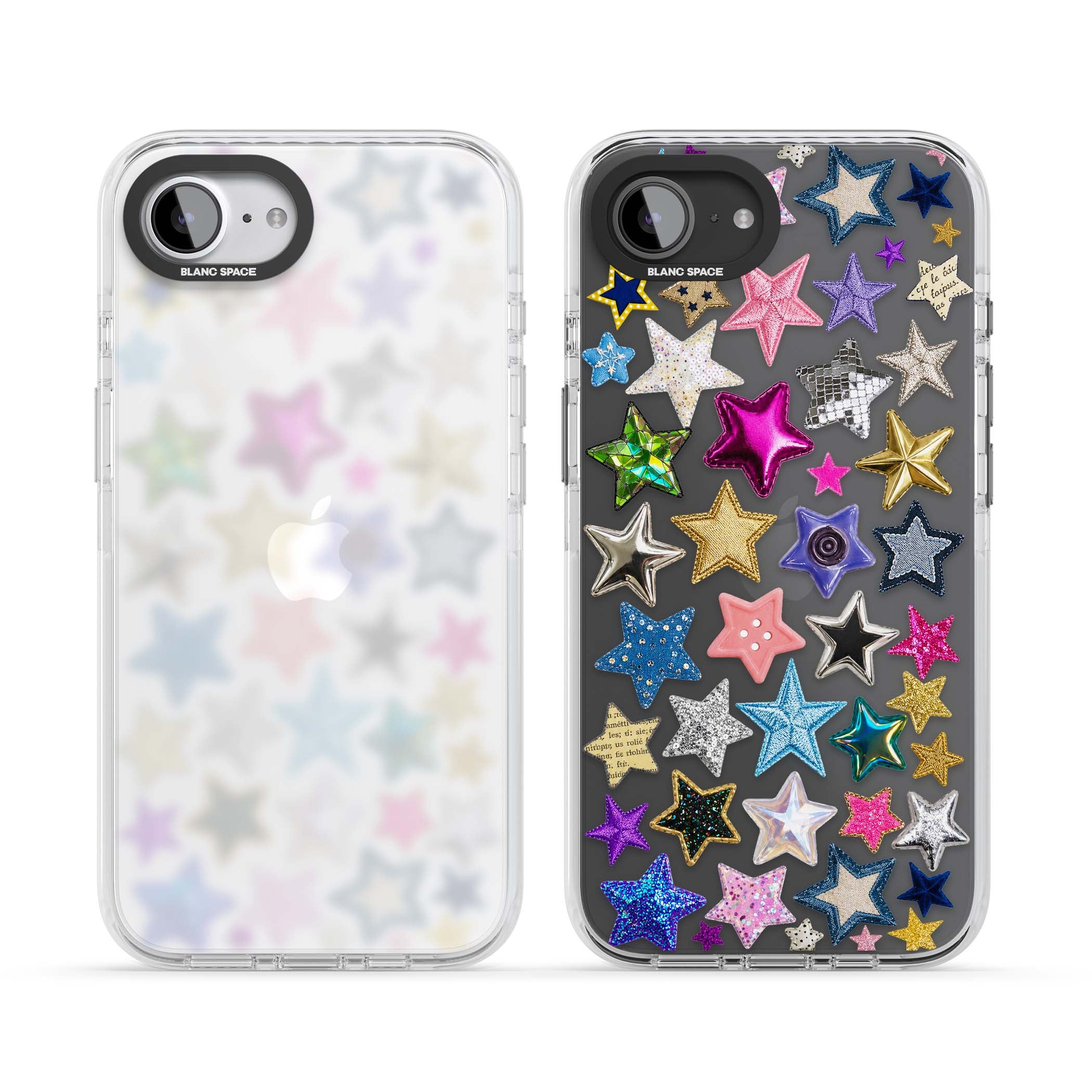 Crafty Star Mix Y2K iPhone case featuring embroidered, sequinned and glitter star patches in rainbow colours | Clear Impact case for iPhone 16e, iPhone 17e