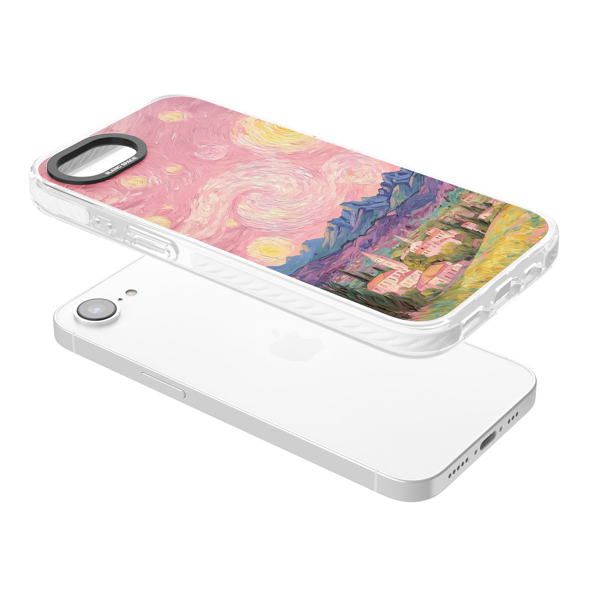 The Starry Sunset iPhone 16e / iPhone 17e Impact Clear Phone Case angled