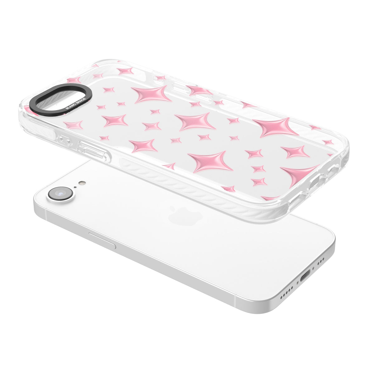 Pink Puff Sparkle Pattern iPhone 16e / iPhone 17e Impact Clear Phone Case angled