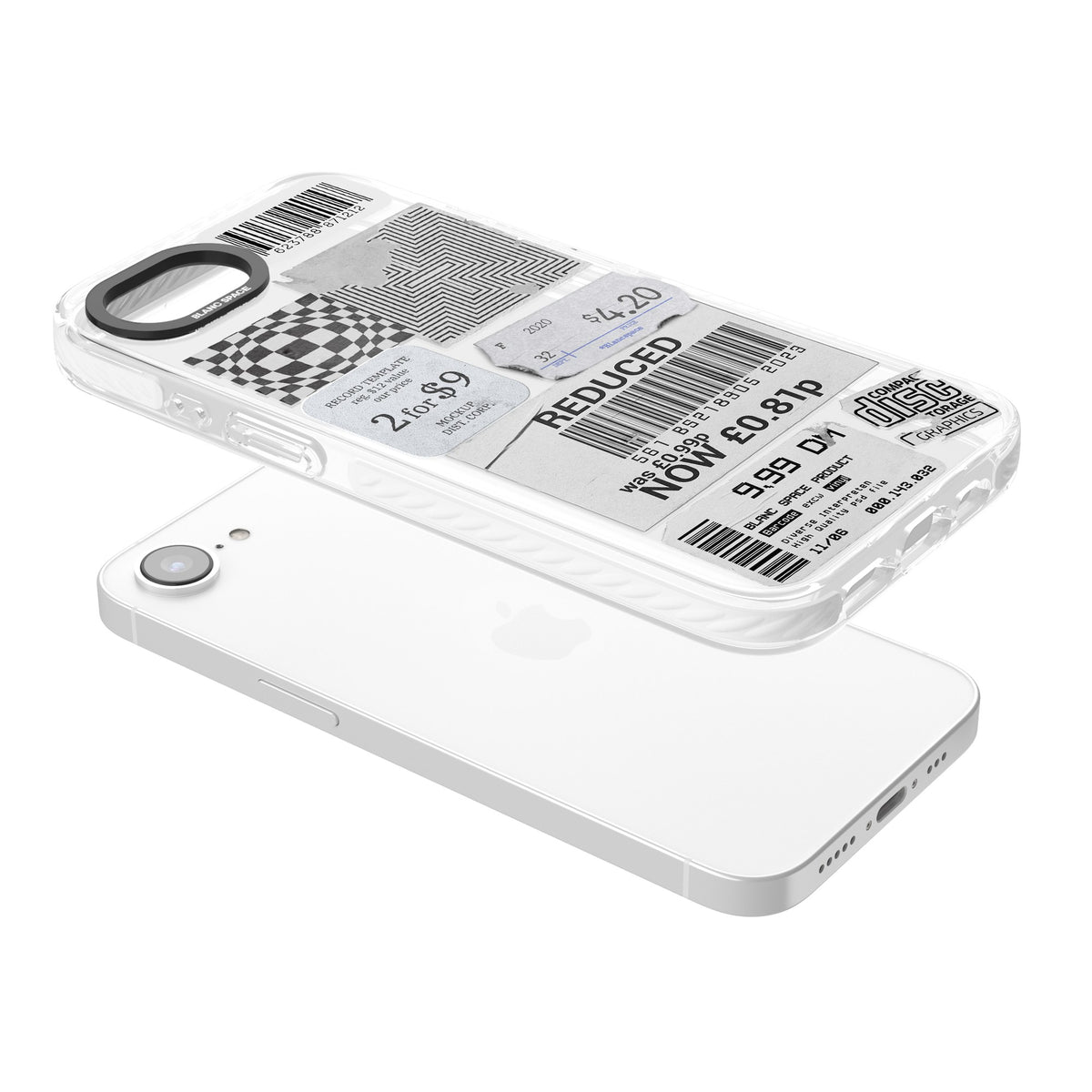 White Sticker Mix iPhone 16e / iPhone 17e Impact Clear Phone Case angled