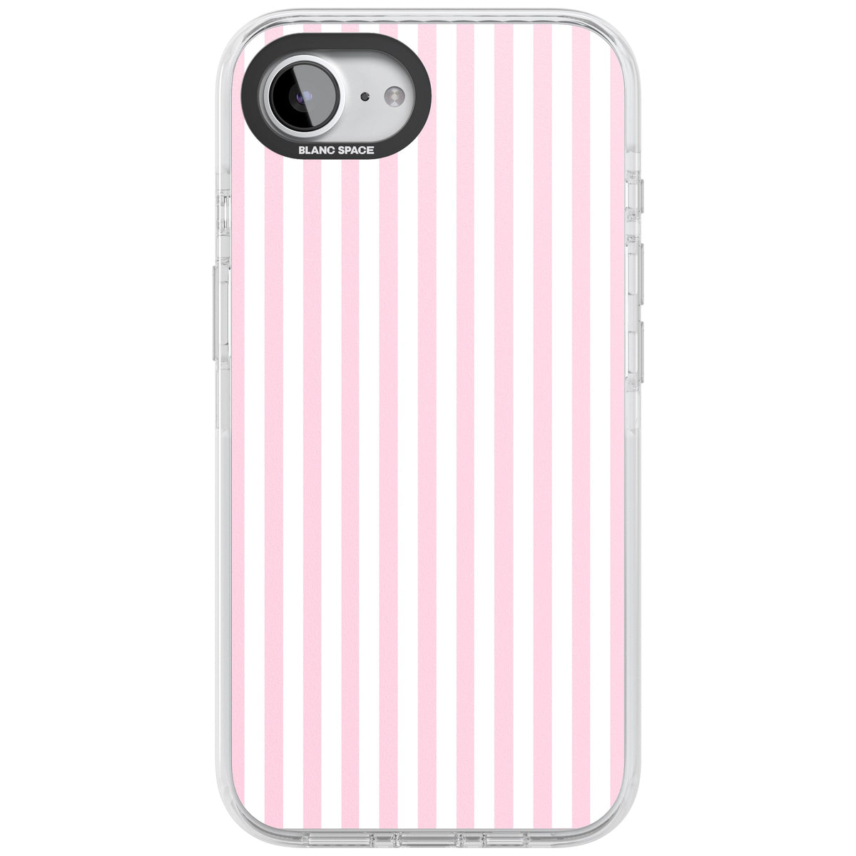 Pink Stripe preppy iPhone case featuring soft pastel pink and white vertical candy stripes iPhone 16e / iPhone 16E / iPhone 17e Impact Clear Phone Case front