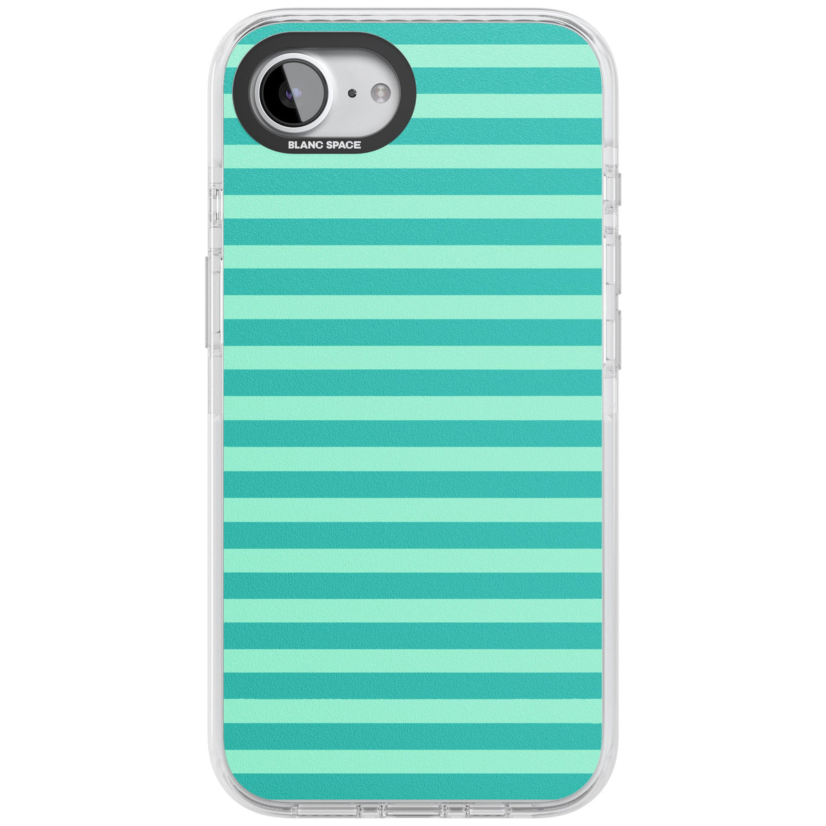 Turquoise Stripe preppy iPhone case featuring horizontal teal and mint green stripes on a black protective frame iPhone 16e / iPhone 16E / iPhone 17e Impact Clear Phone Case front