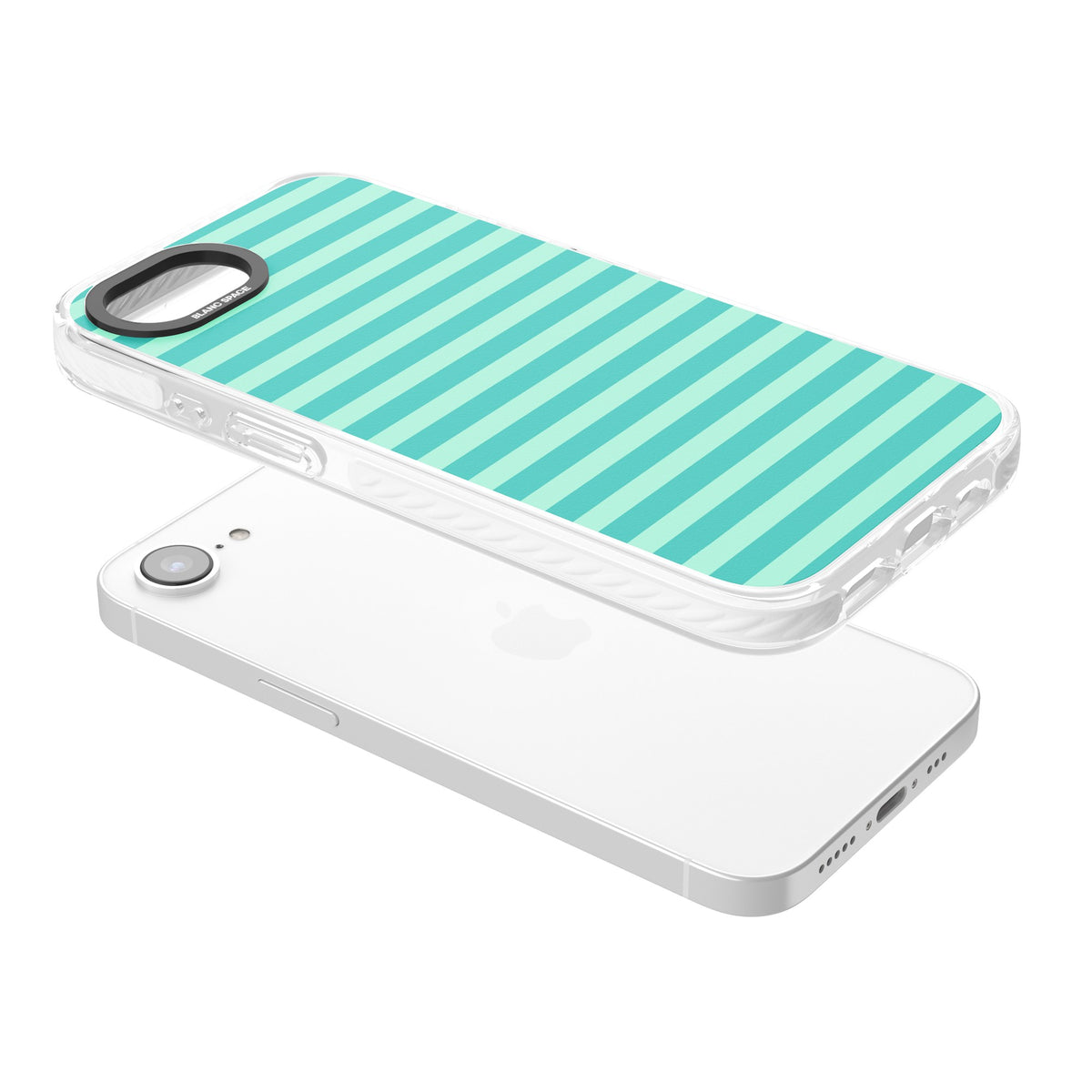 Turquoise Stripe preppy iPhone case featuring horizontal teal and mint green stripes on a black protective frame iPhone 16e / iPhone 16E / iPhone 17e Impact Clear Phone Case angled