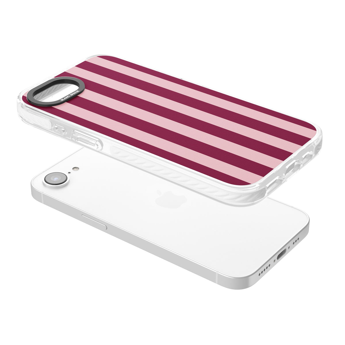 Bordeaux Belle preppy iPhone case featuring bold vertical stripes in burgundy and soft blush pink iPhone 16e / iPhone 16E / iPhone 17e Impact Clear Phone Case angled