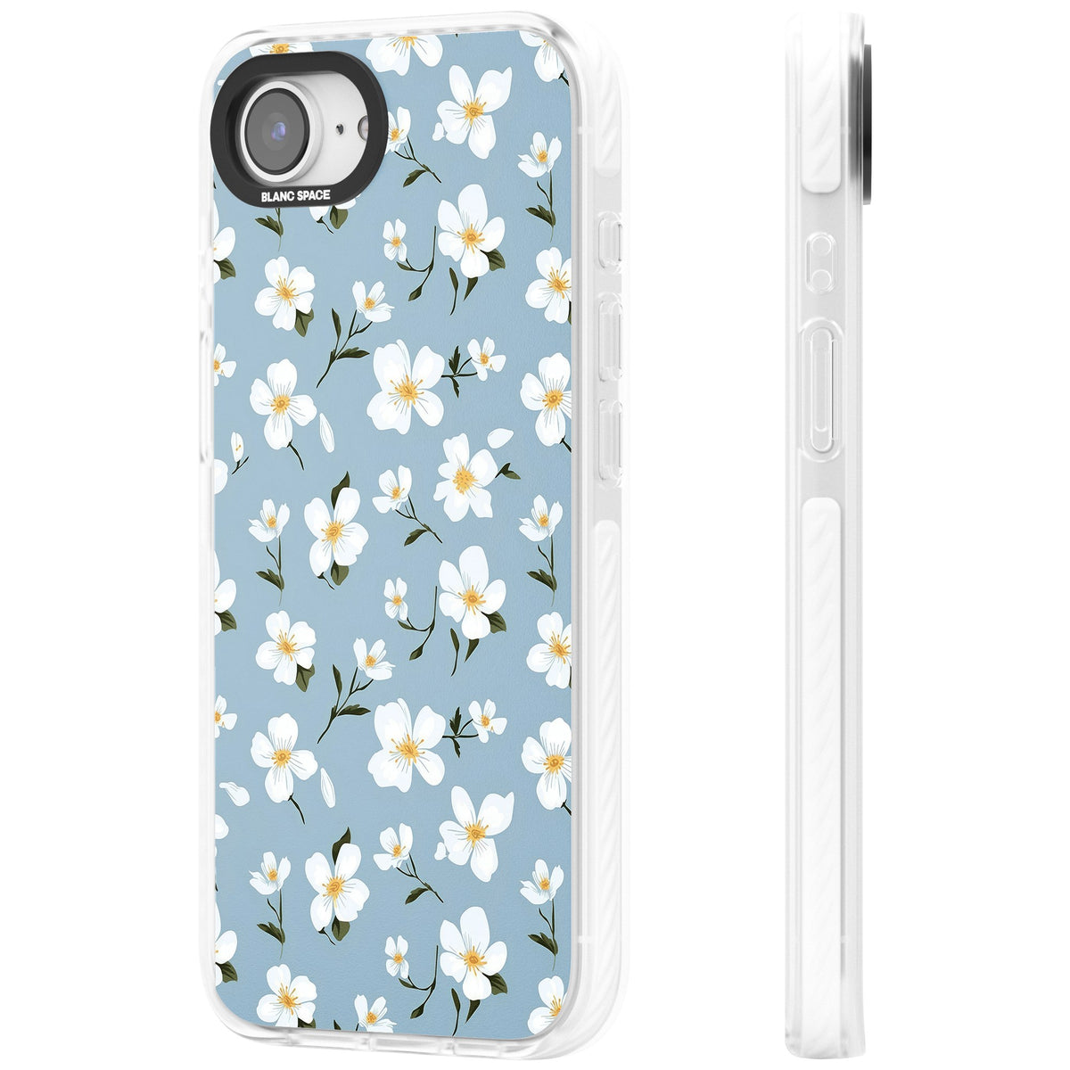 Powder Blue Petals iPhone 16e / iPhone 17e Impact Clear Phone Case side