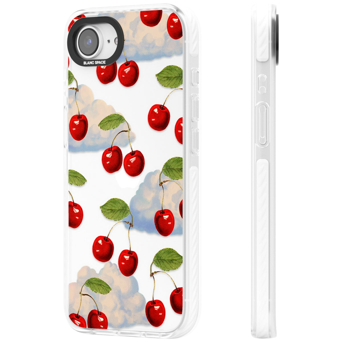 Vintage Cherries & Clouds iPhone 16e / iPhone 17e Impact Clear Phone Case side
