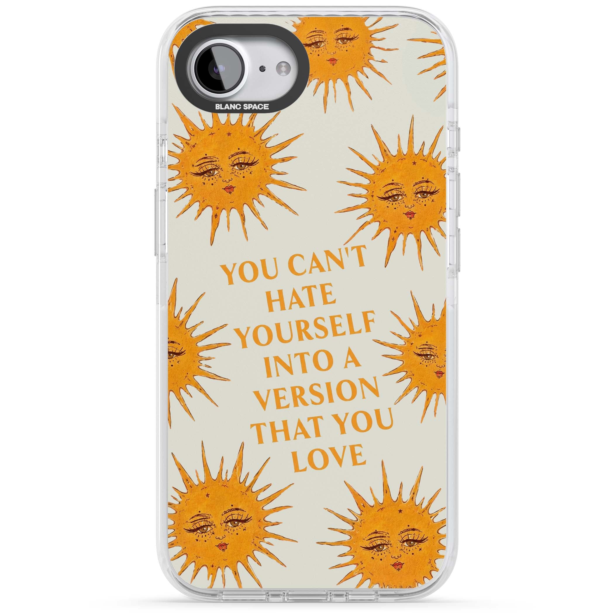 Don't Hate Yourself celestial iPhone case featuring vintage sun faces, ochre rays and a self-love quote | Clear Impact case for iPhone 16e, iPhone 17e