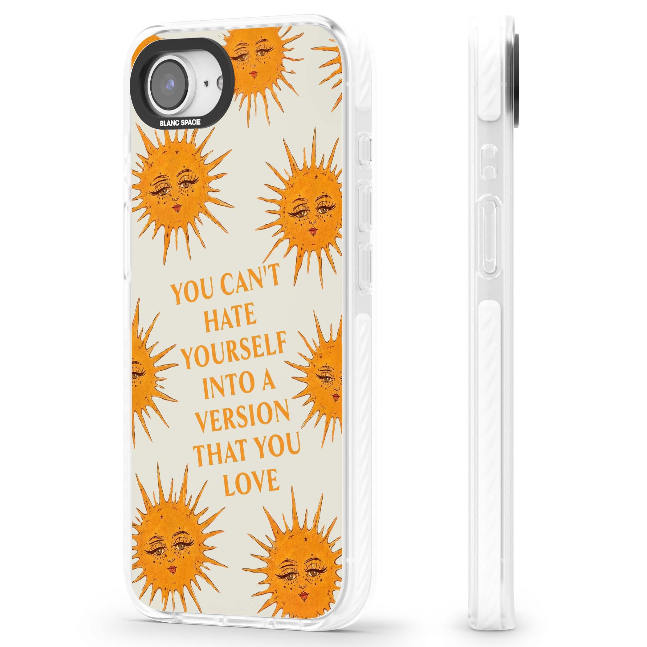 Don't Hate Yourself celestial iPhone case featuring vintage sun faces, ochre rays and a self-love quote | Clear Impact case for iPhone 16e, iPhone 17e