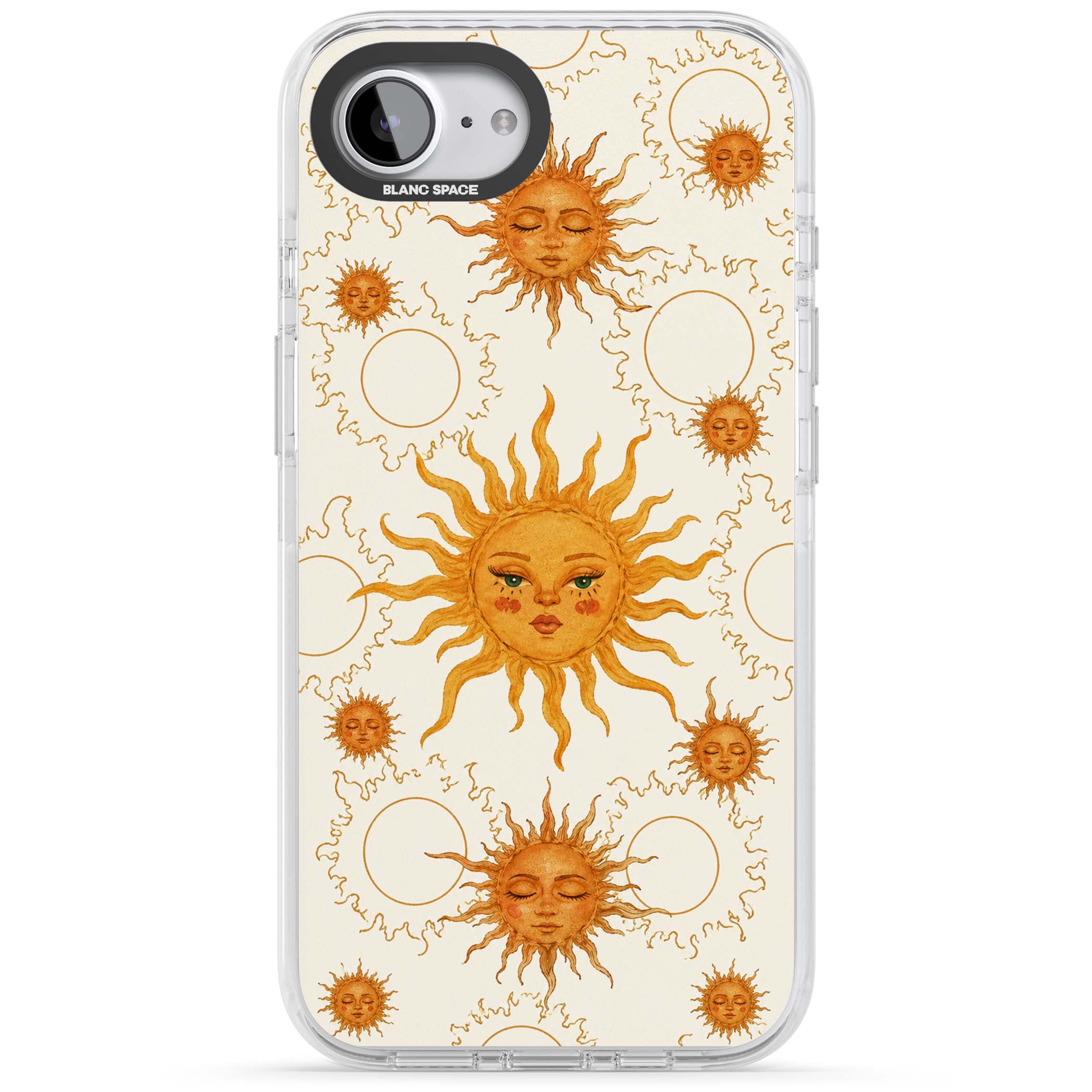 Solstice Muse celestial iPhone case featuring hand-painted golden sun faces, closed-eye sun goddesses and outlined moons... | Clear Impact case for iPhone 16e, iPhone 17e