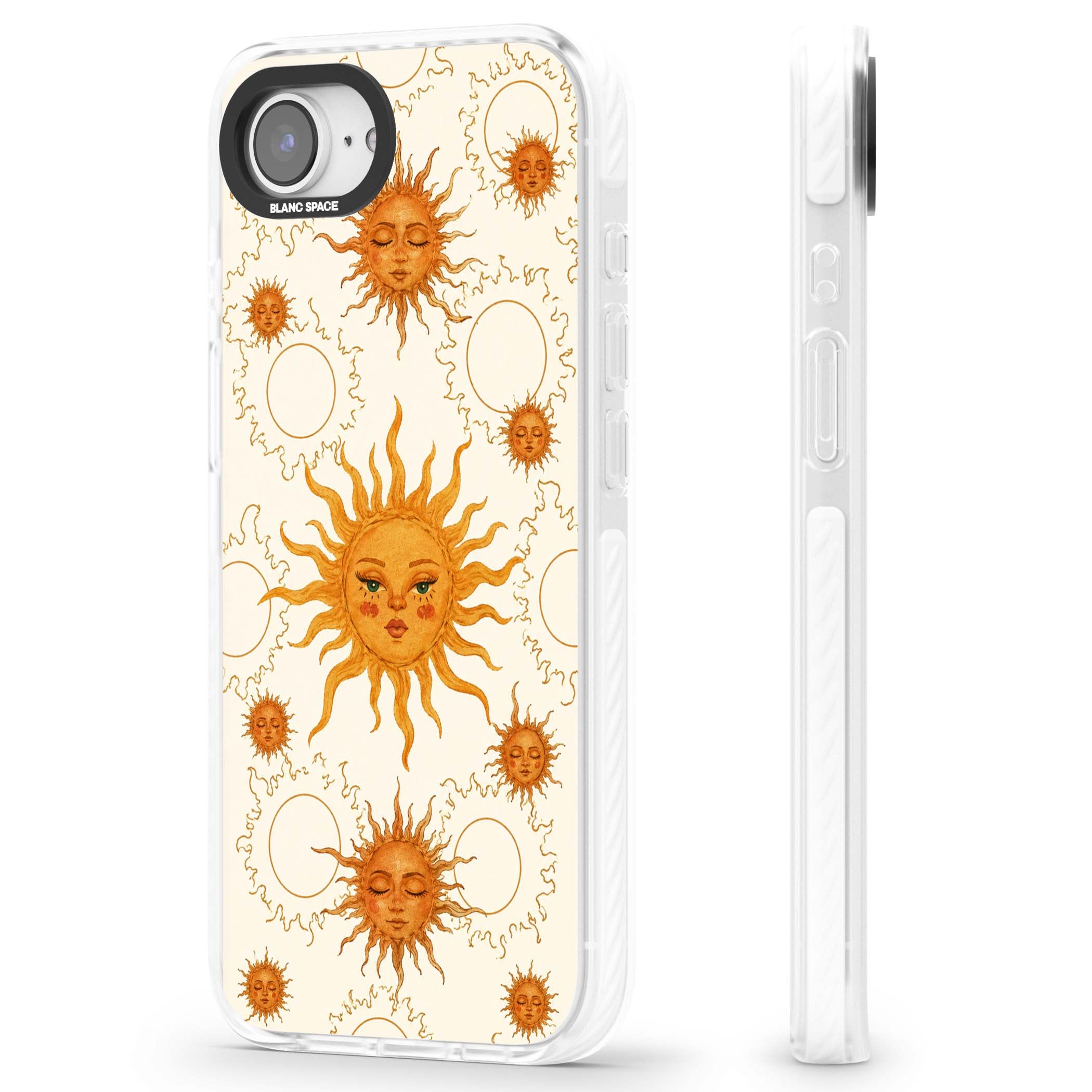 Solstice Muse celestial iPhone case featuring hand-painted golden sun faces, closed-eye sun goddesses and outlined moons... | Clear Impact case for iPhone 16e, iPhone 17e