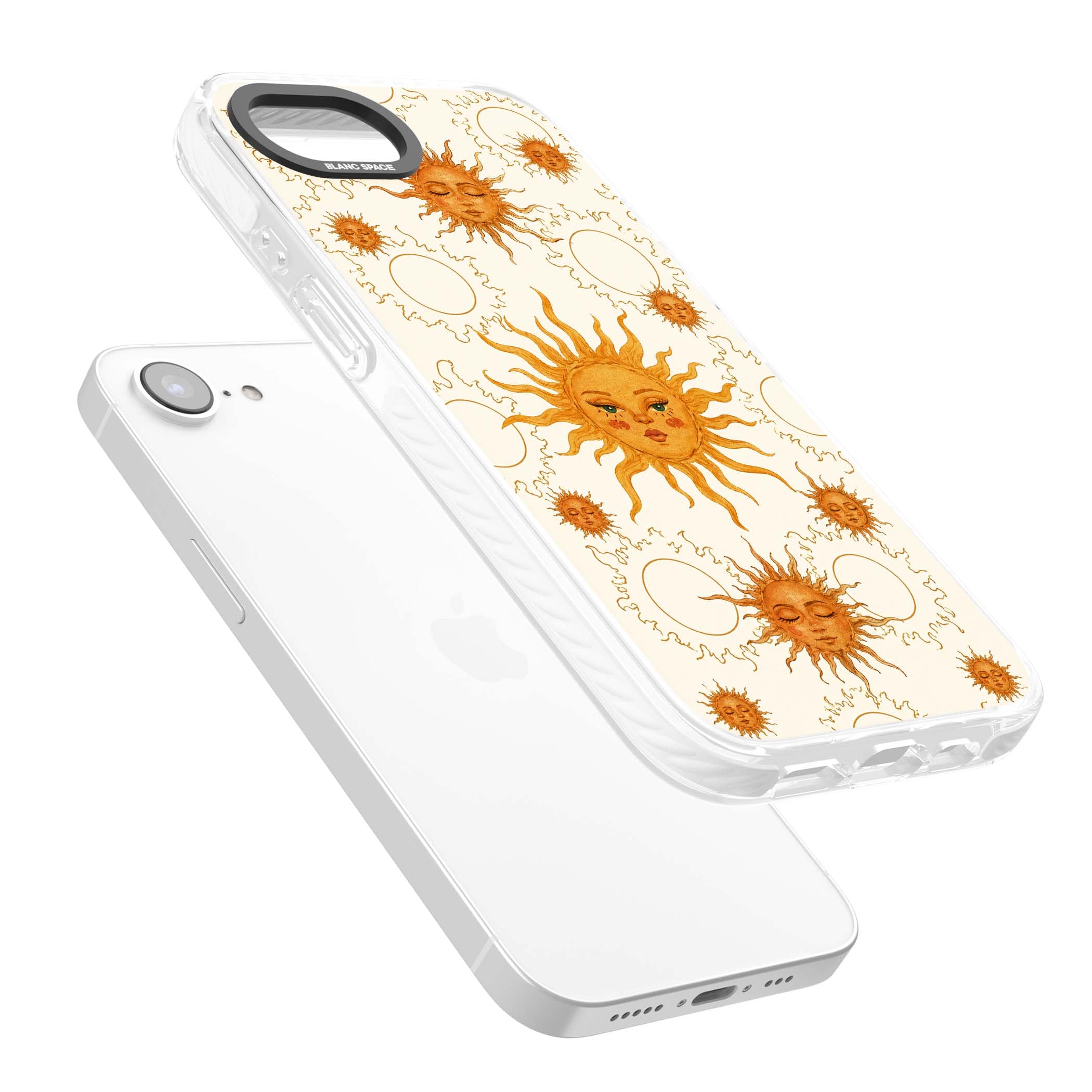 Solstice Muse celestial iPhone case featuring hand-painted golden sun faces, closed-eye sun goddesses and outlined moons... | Clear Impact case for iPhone 16e, iPhone 17e