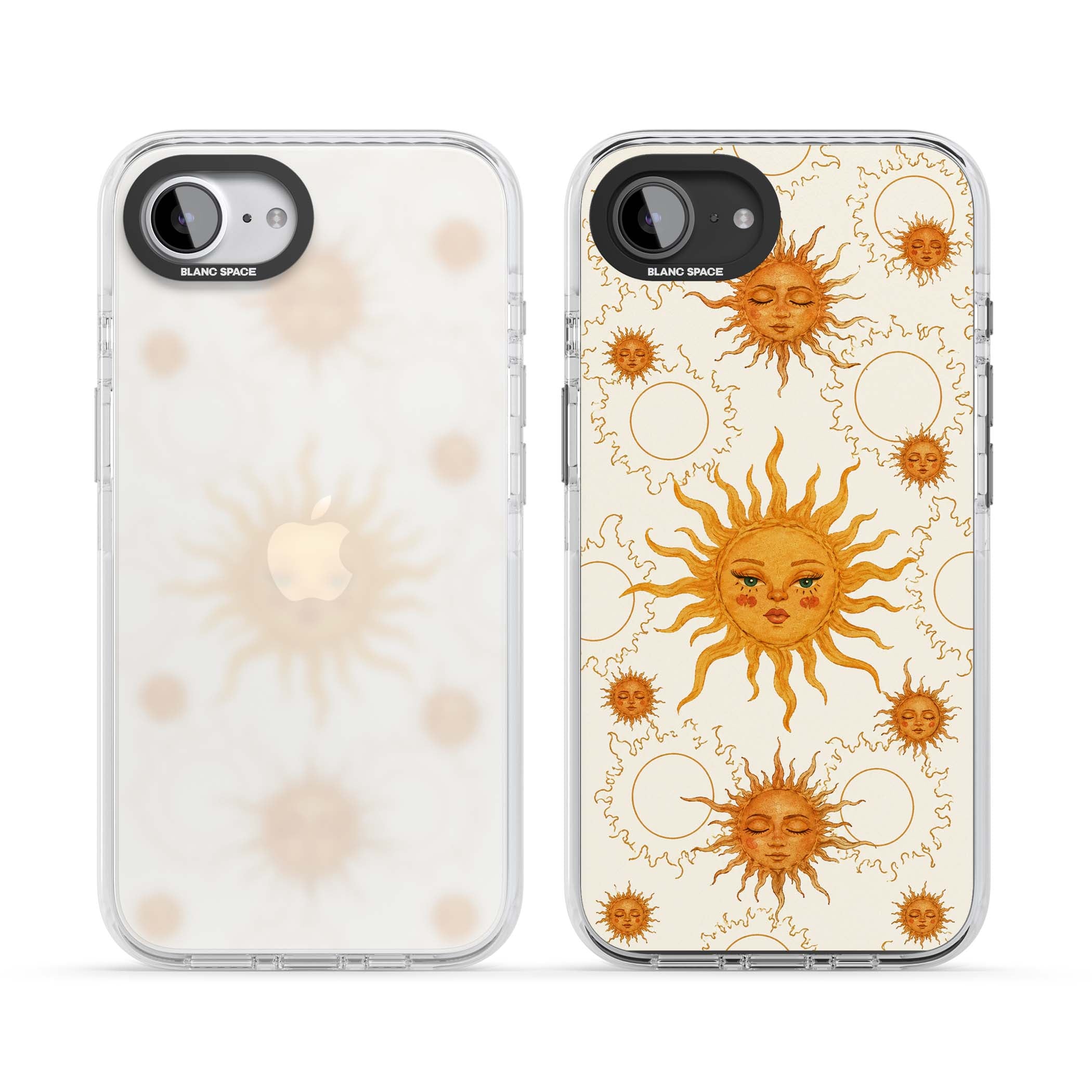 Solstice Muse celestial iPhone case featuring hand-painted golden sun faces, closed-eye sun goddesses and outlined moons... | Clear Impact case for iPhone 16e, iPhone 17e