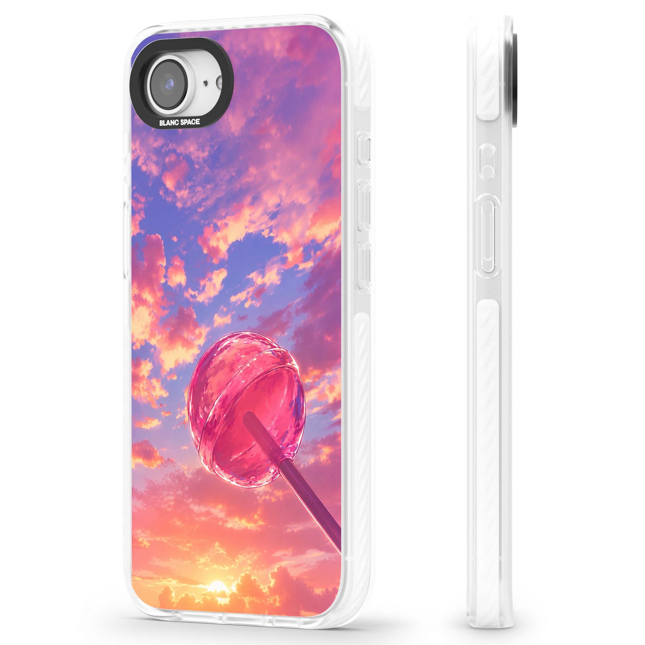 Sugar Sunset candy aesthetic iPhone case featuring a pink lollipop, pastel sunset sky and dreamy clouds | Clear Impact case for iPhone 16e, iPhone 17e