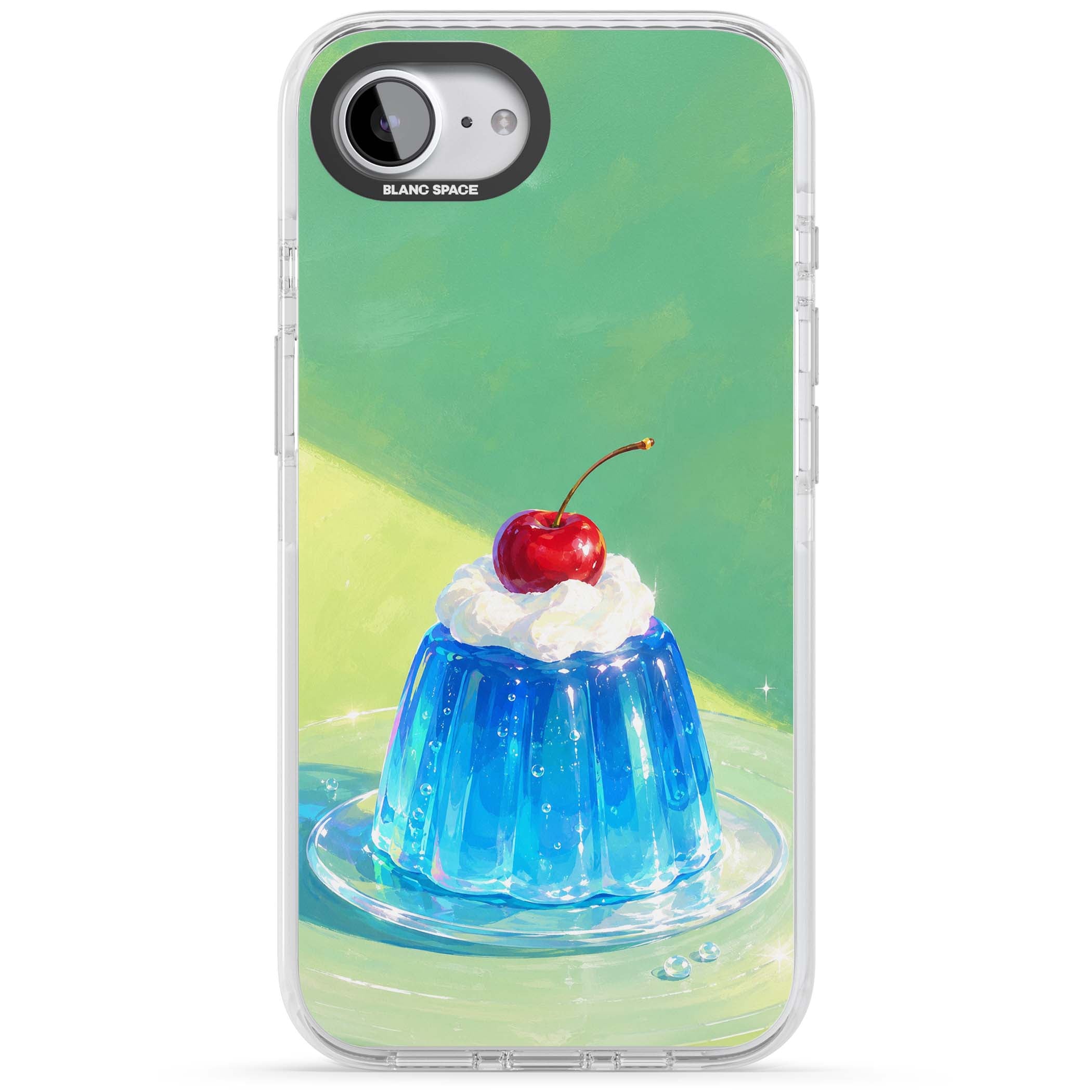 Cherry Jelly kawaii dessert iPhone case featuring blue jelly pudding, whipped cream and a red cherry | Clear Impact case for iPhone 16e, iPhone 17e
