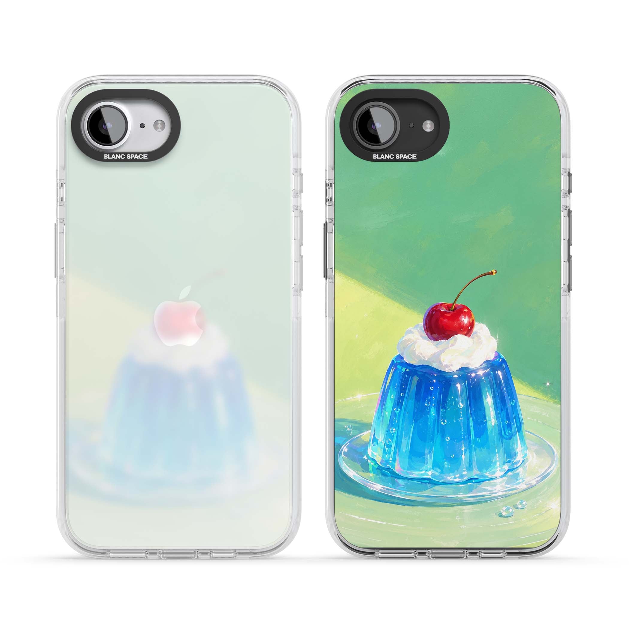 Cherry Jelly kawaii dessert iPhone case featuring blue jelly pudding, whipped cream and a red cherry | Clear Impact case for iPhone 16e, iPhone 17e