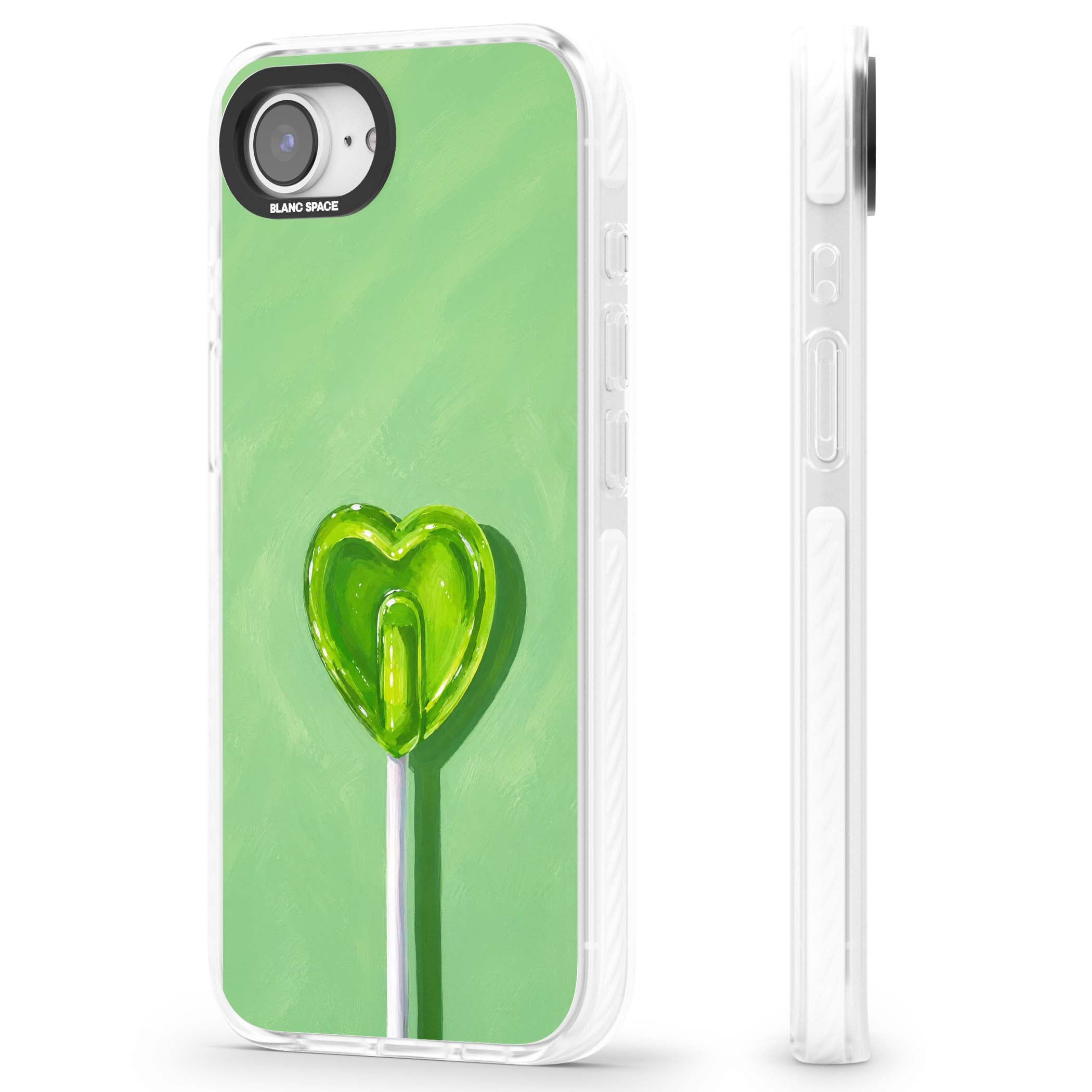 Green Lollipop candy art iPhone case featuring a glossy green heart-shaped lollipop on a painted pastel green background | Clear Impact case for iPhone 16e, iPhone 17e