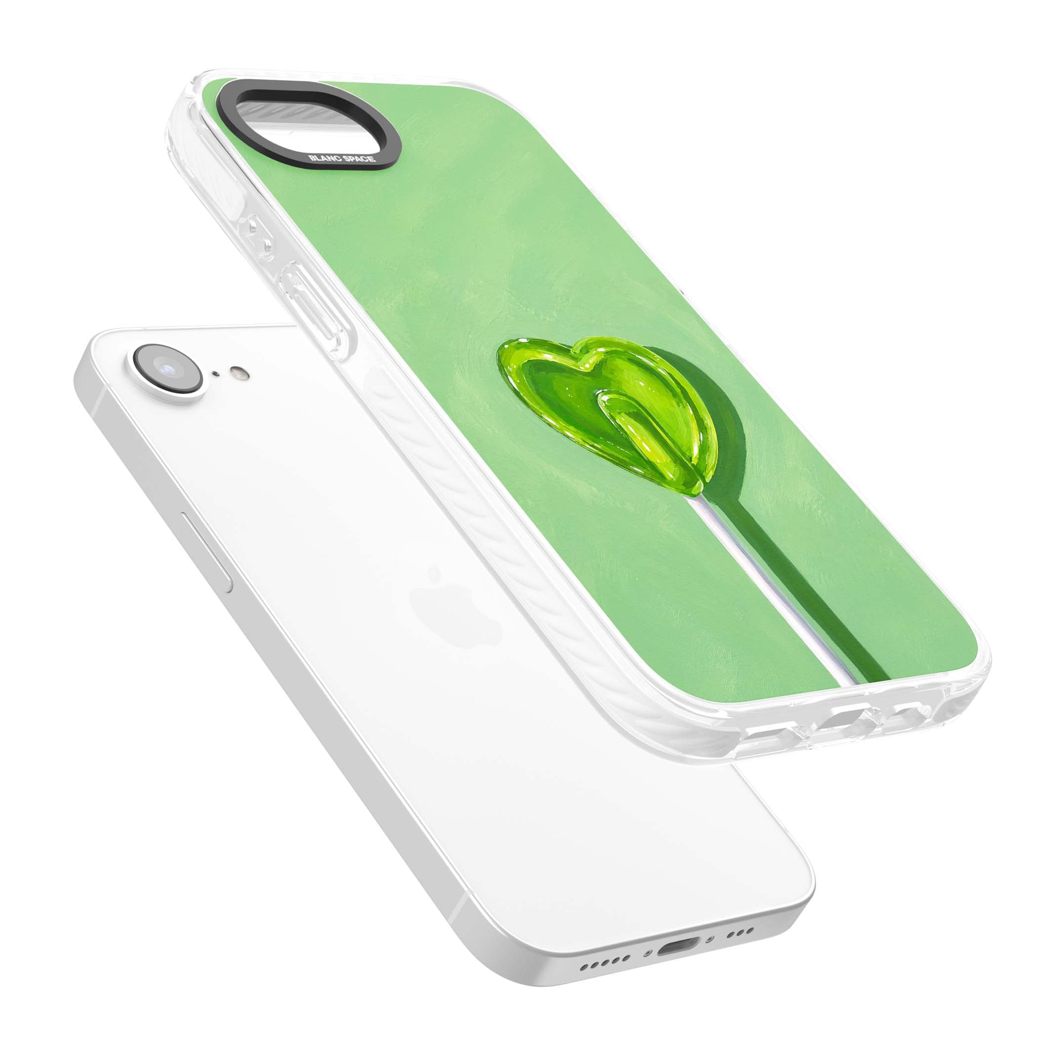 Green Lollipop candy art iPhone case featuring a glossy green heart-shaped lollipop on a painted pastel green background | Clear Impact case for iPhone 16e, iPhone 17e