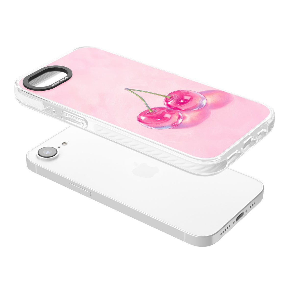 Pink Glass Cherry iPhone 16e / iPhone 17e Impact Clear Phone Case angled