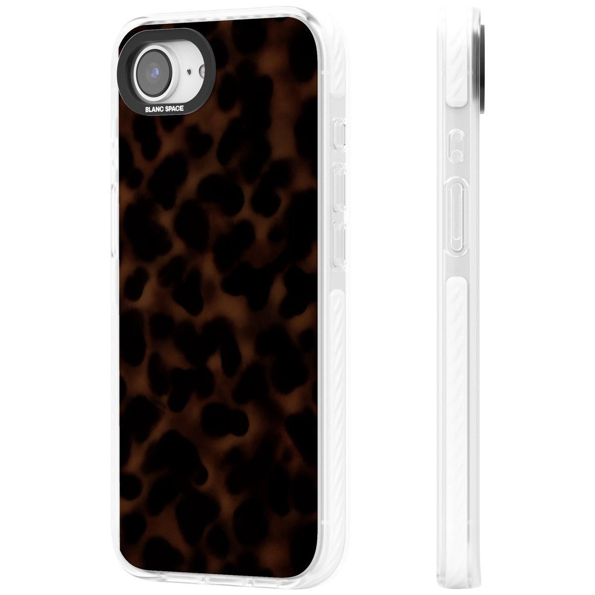 Dark Tortoise Shell old money iPhone case featuring a dark tortoiseshell pattern with amber and black animal print tones iPhone 16e / iPhone 16E / iPhone 17e Impact Clear Phone Case side