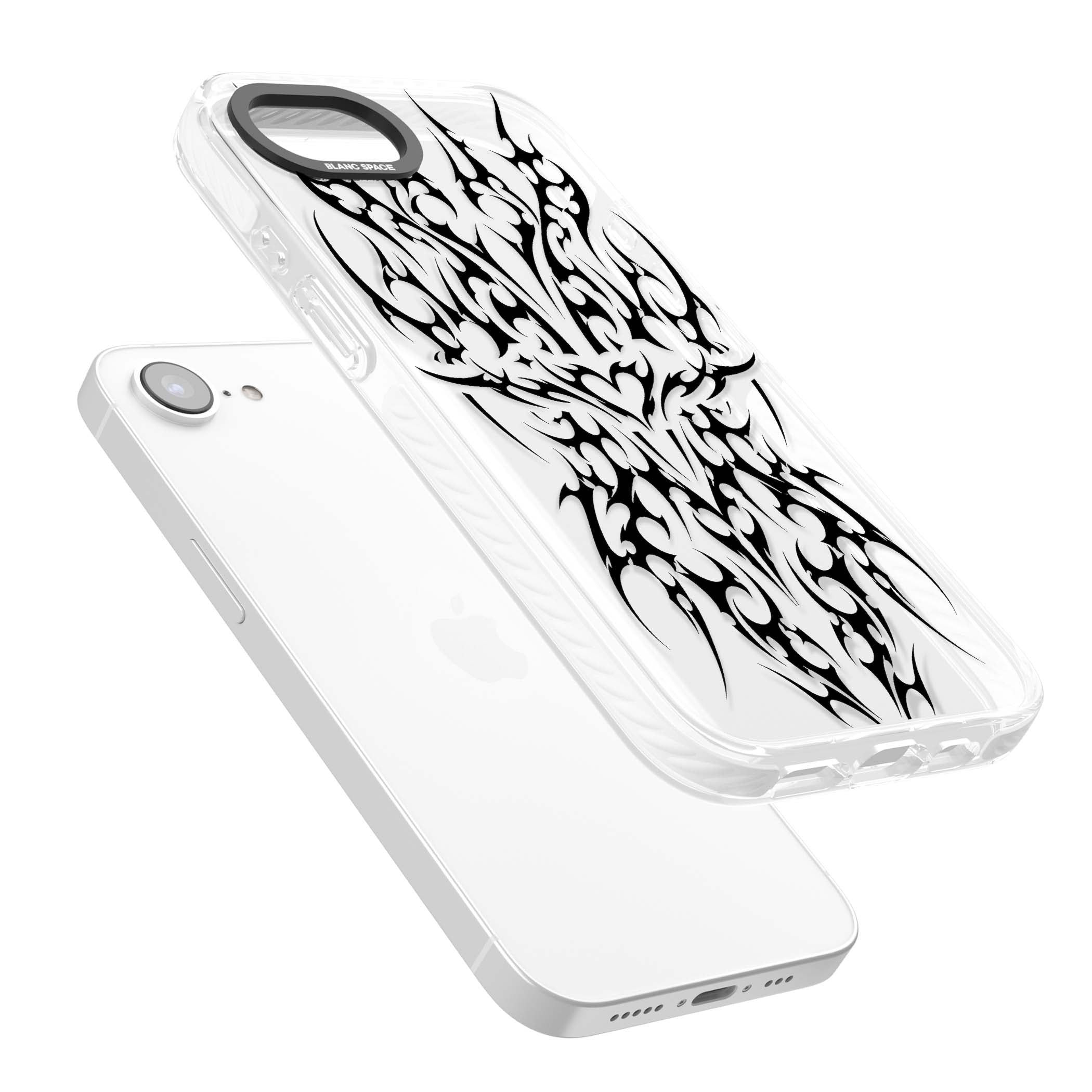 Neo Tribal Heart gothic iPhone case featuring symmetrical black tribal tattoo art with sharp thorn-like linework | Clear Impact case for iPhone 16e, iPhone 17e
