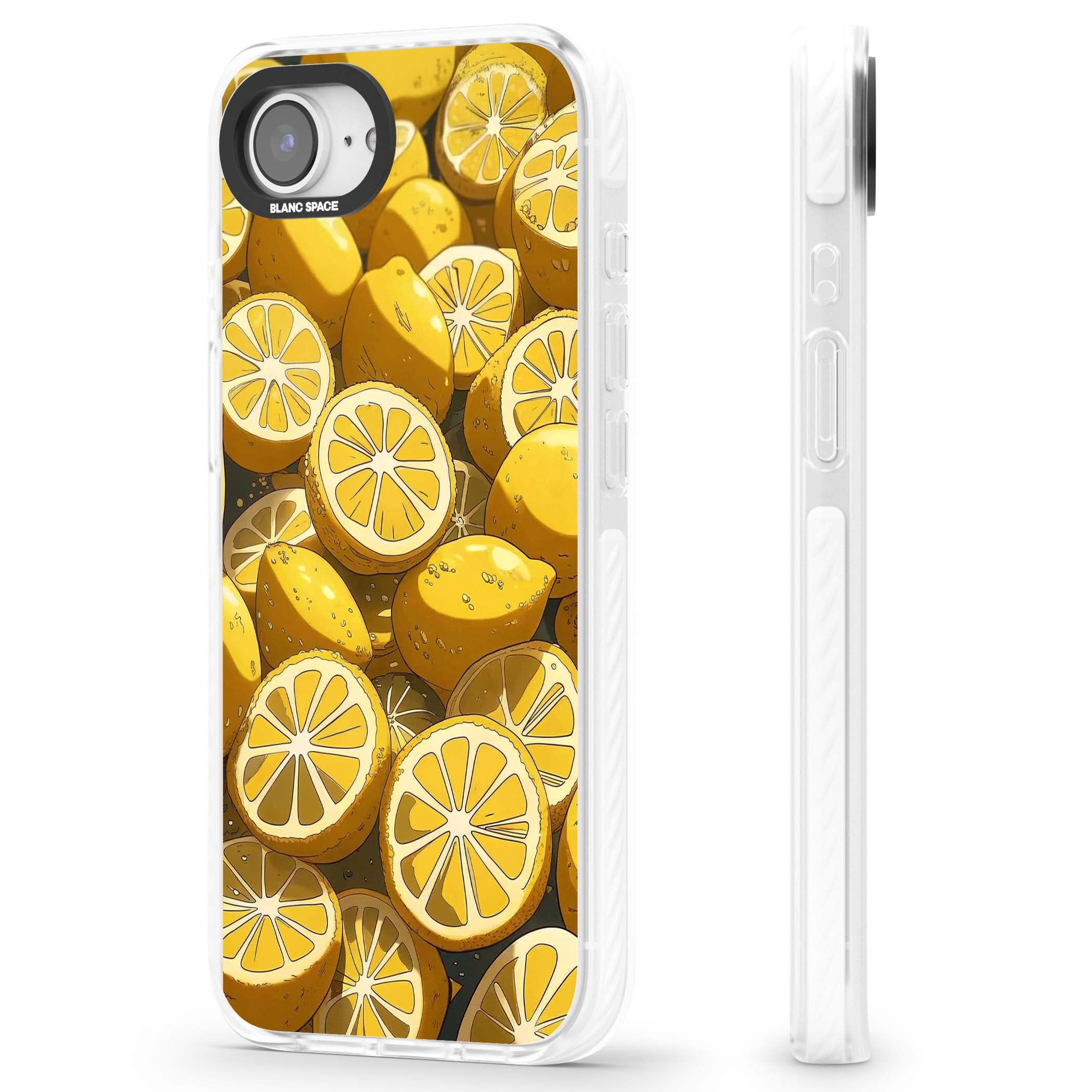 Zesty coastal iPhone case featuring illustrated Mediterranean lemons and citrus slices in golden yellow | Clear Impact case for iPhone 16e, iPhone 17e