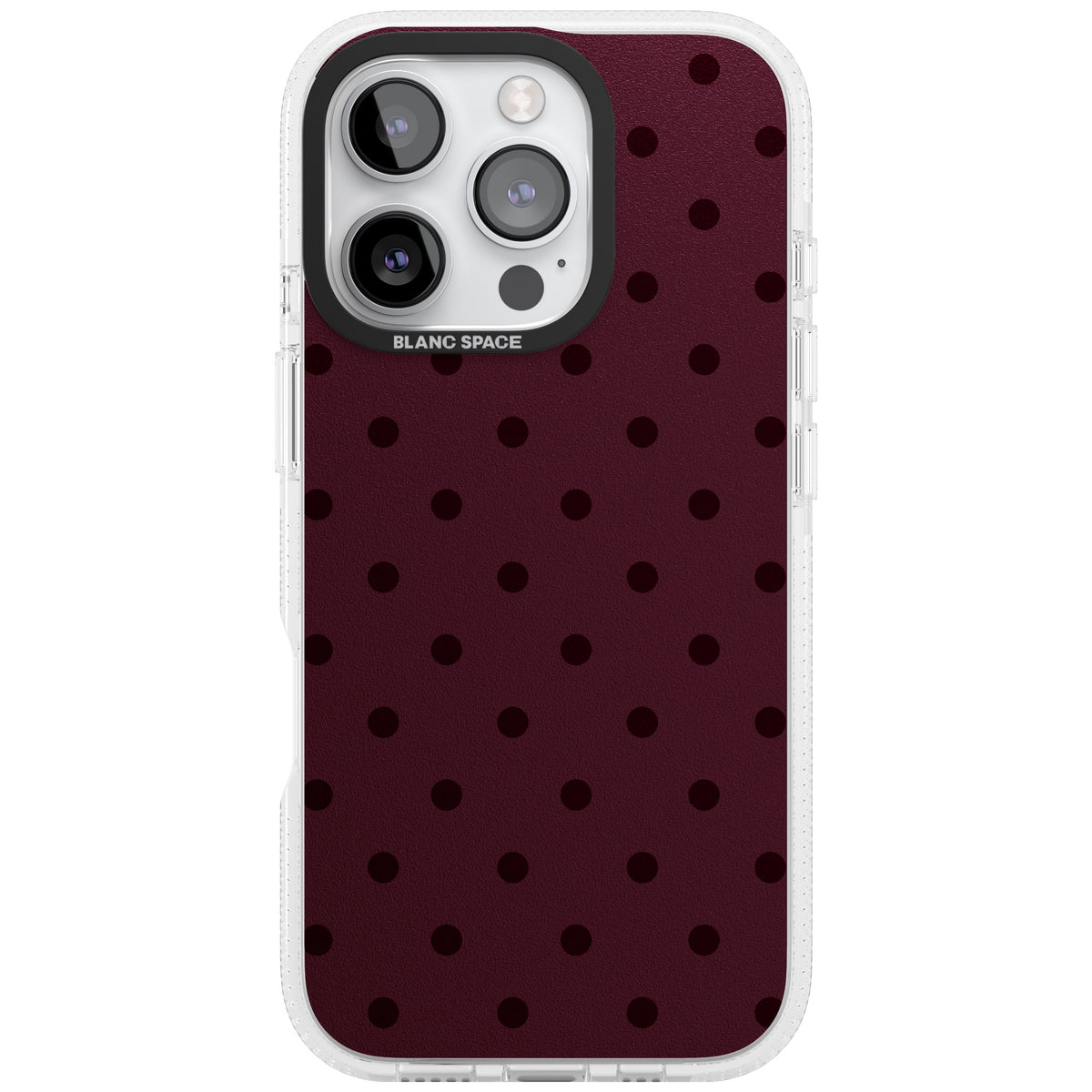Burgundy Polka Dot minimalist iPhone case featuring black polka dots on a deep burgundy wine red background iPhone 16 Pro Impact Air Phone Case front