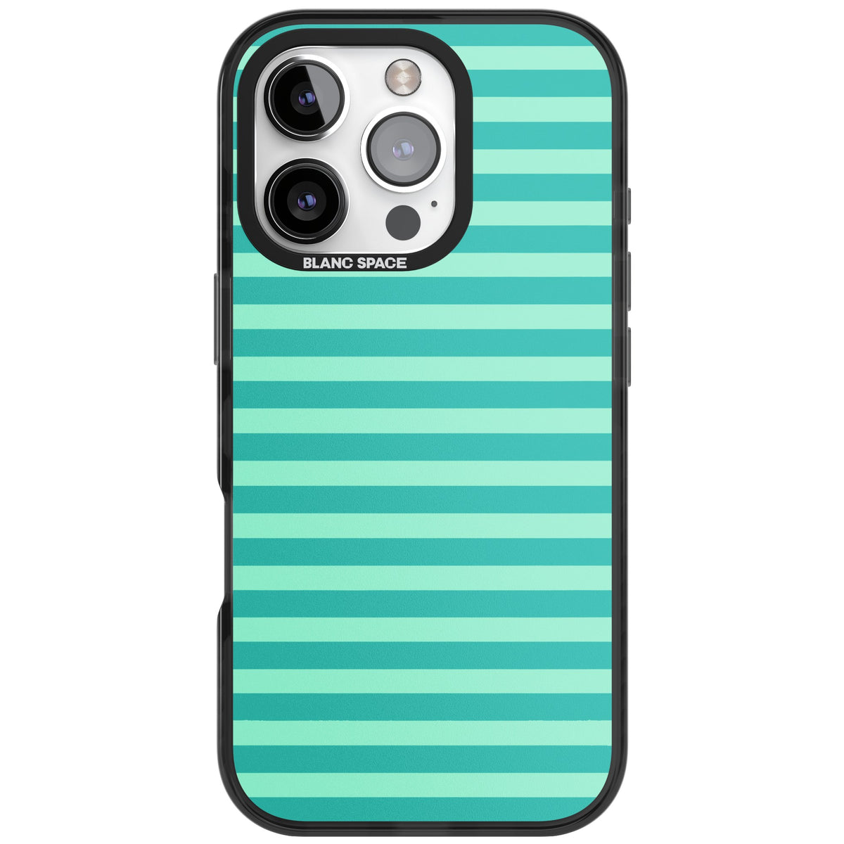 Turquoise Stripe preppy iPhone case featuring horizontal teal and mint green stripes on a black protective frame iPhone 16 Pro Impact Black Phone Case front