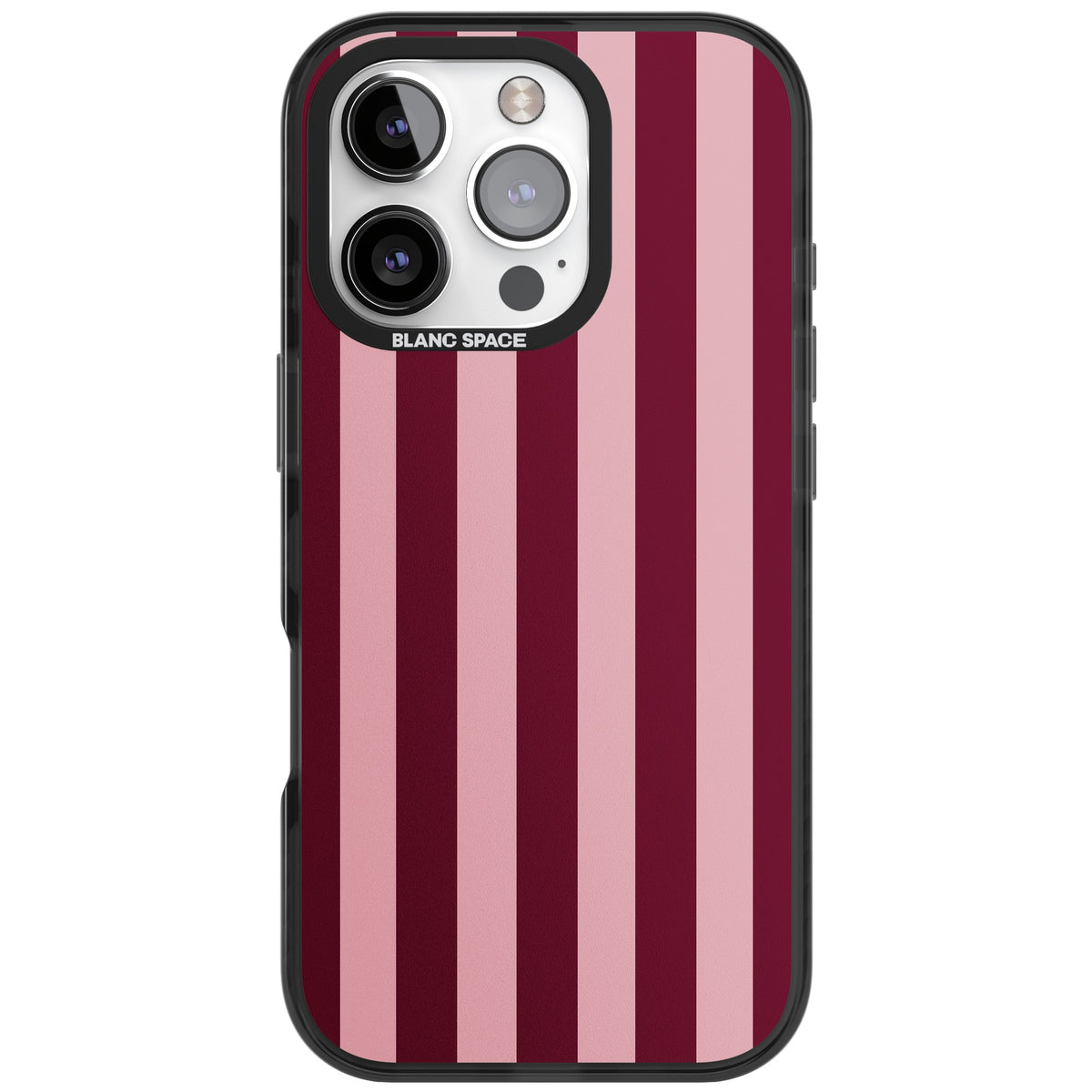 Bordeaux Belle preppy iPhone case featuring bold vertical stripes in burgundy and soft blush pink iPhone 16 Pro Impact Black Phone Case front