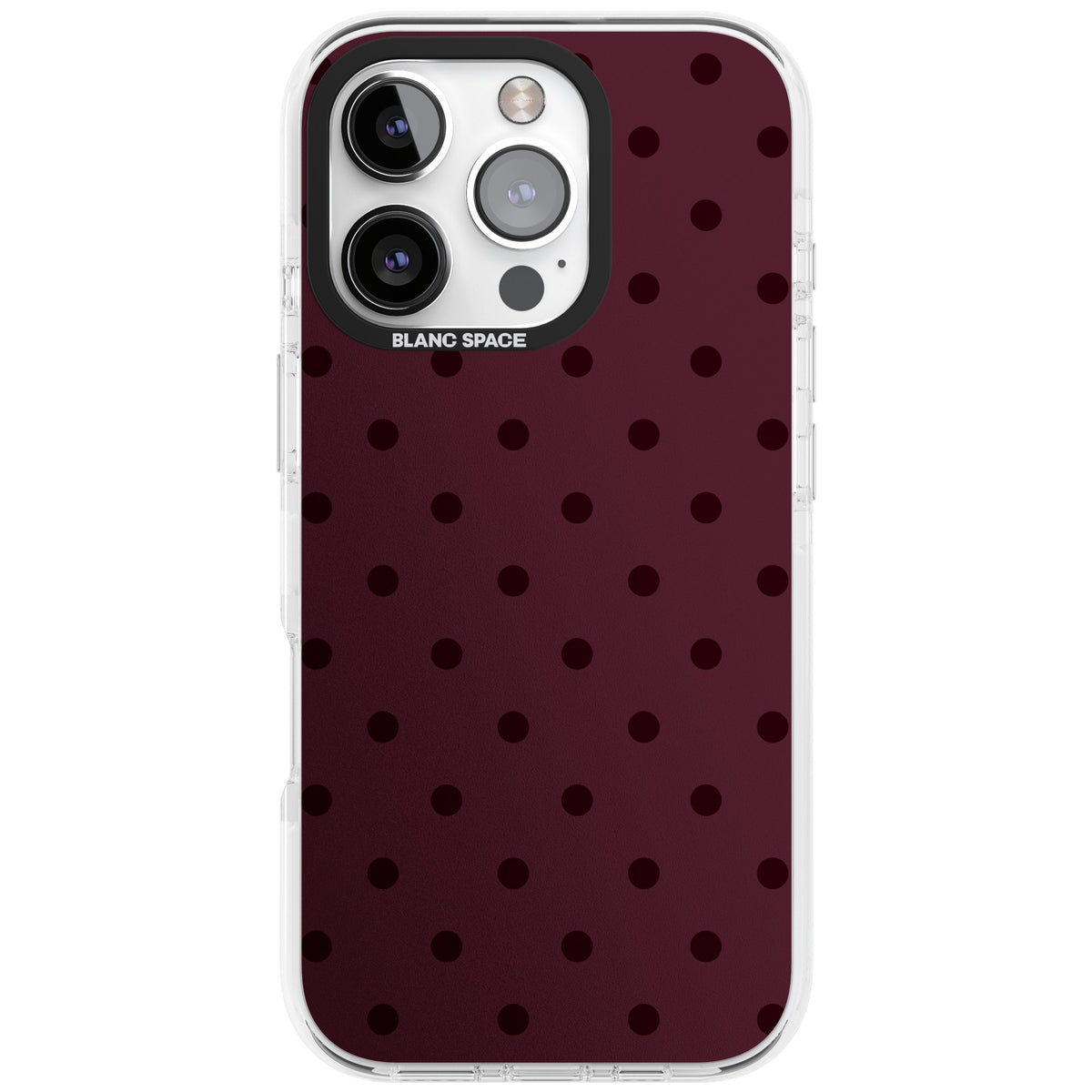 Burgundy Polka Dot minimalist iPhone case featuring black polka dots on a deep burgundy wine red background iPhone 16 Pro Impact Pro Clear Phone Case front