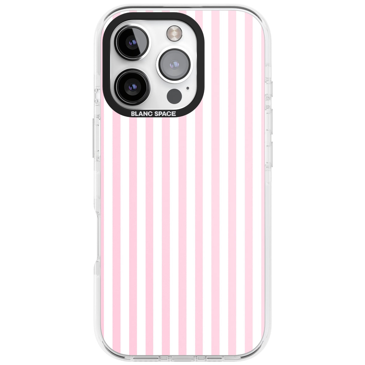 Pink Stripe preppy iPhone case featuring soft pastel pink and white vertical candy stripes iPhone 16 Pro Impact Pro Clear Phone Case front