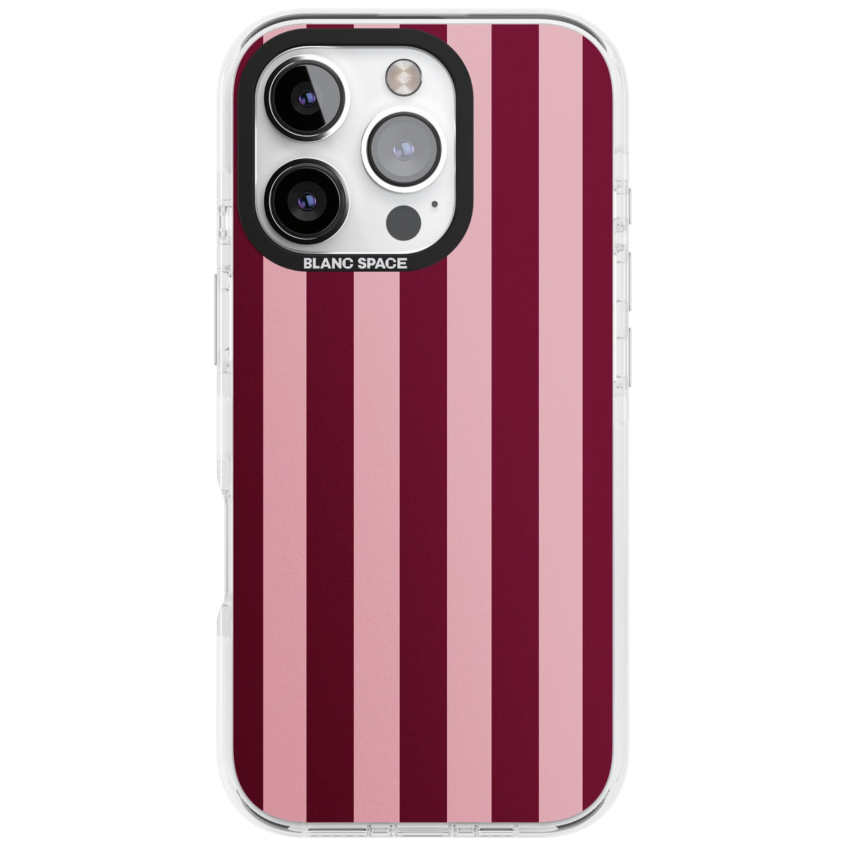 Bordeaux Belle preppy iPhone case featuring bold vertical stripes in burgundy and soft blush pink iPhone 16 Pro Impact Clear Phone Case front
