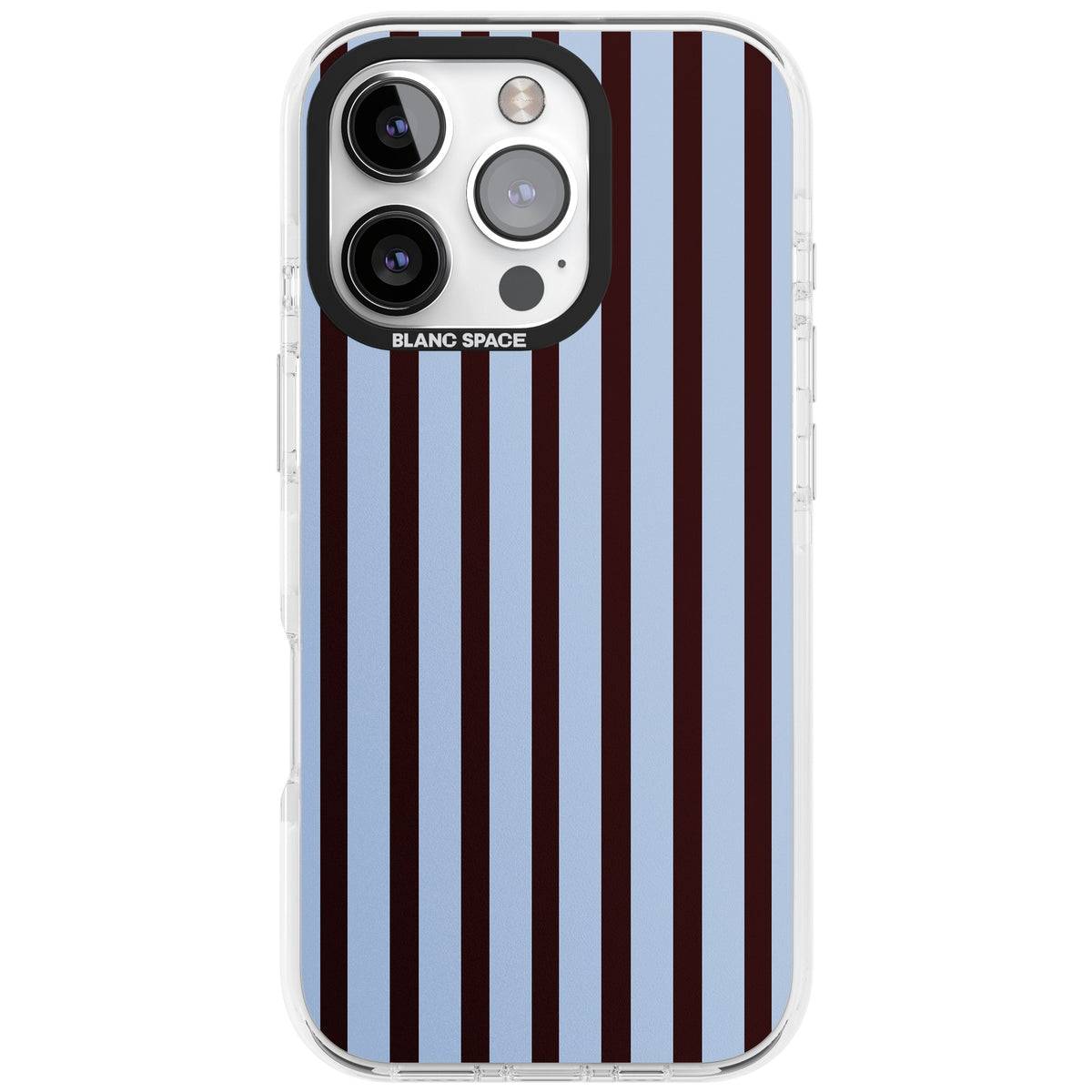 Blackcurrant Stripe preppy iPhone case featuring vertical burgundy and light blue stripes in a classic pinstripe layout iPhone 16 Pro Impact Clear Phone Case front