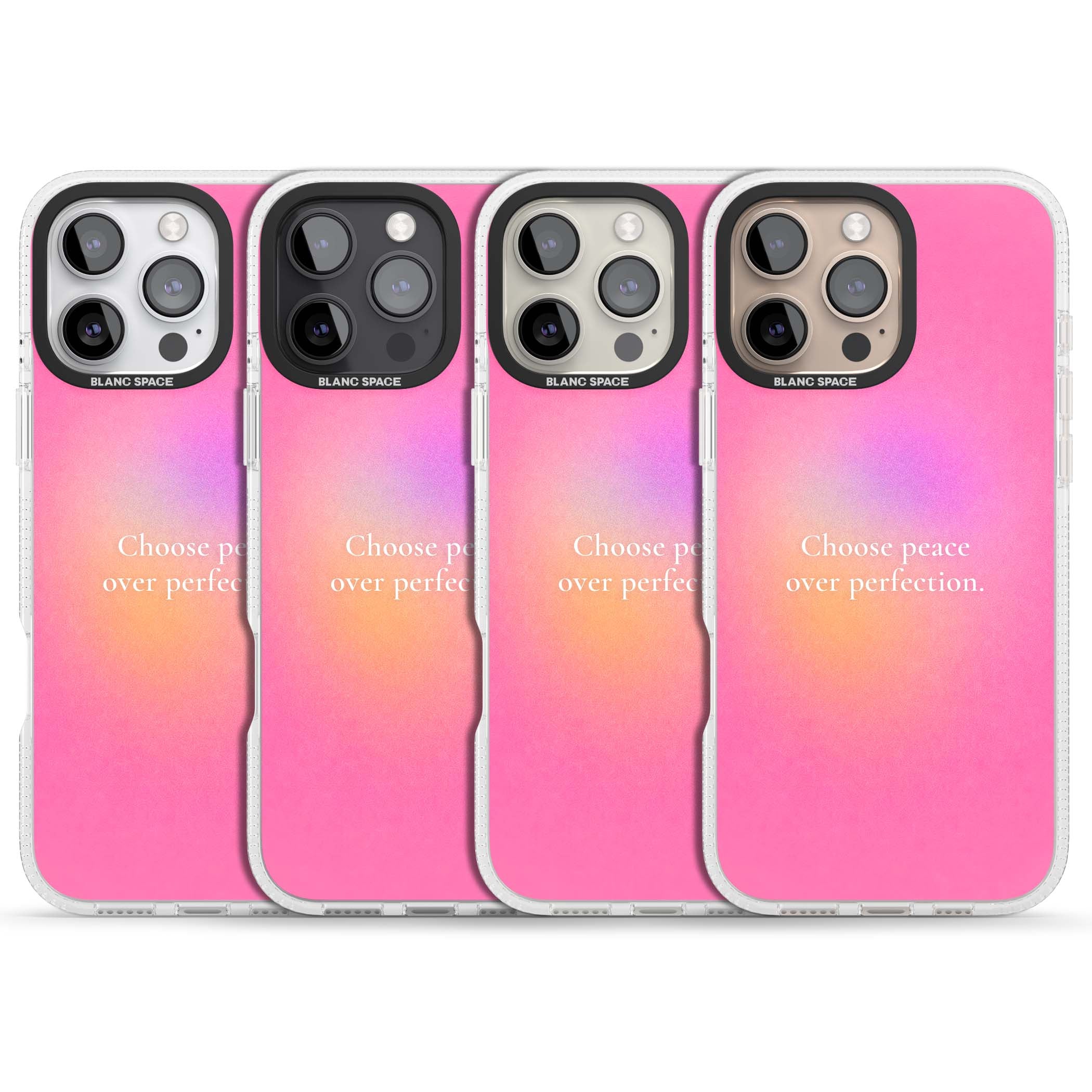 Peace Over Perfection quote iPhone case featuring a dreamy pink aura gradient and delicate white affirmation text | Clear Case Impact Air case for iPhone 16 Pro, iPhone 16 Pro Max