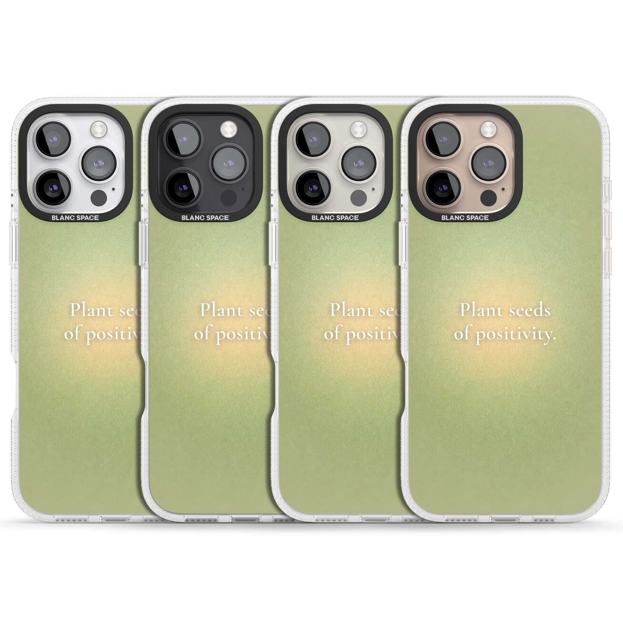 Seeds of Positivity quote iPhone case featuring a sage green aura gradient and golden glow affirmation | Clear Case Impact Air case for iPhone 16 Pro, iPhone 16 Pro Max