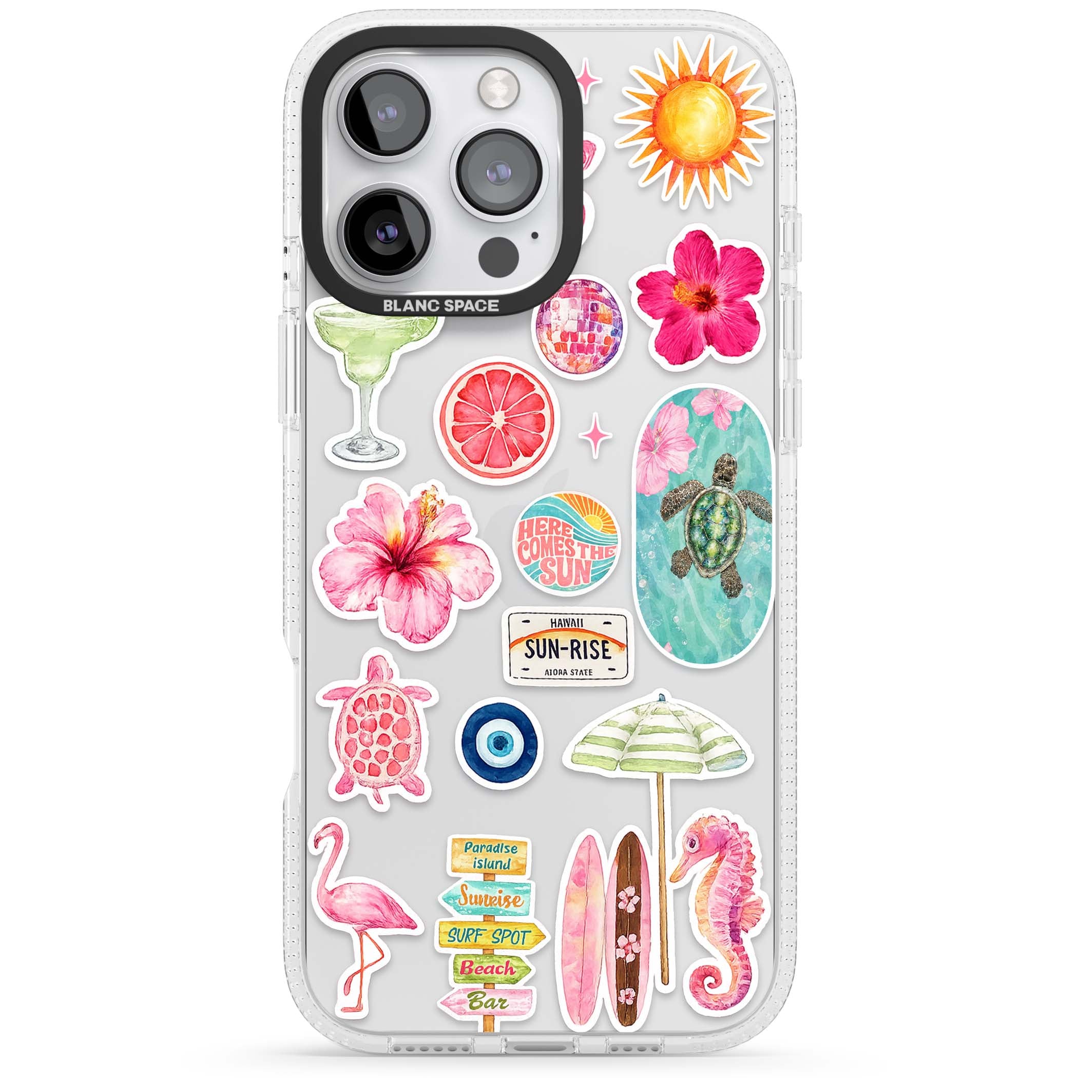 Aloha Sticker Mix tropical summer iPhone case featuring pink hibiscus, sea turtles, flamingo and beach umbrella stickers | Clear Case Impact Air case for iPhone 16 Pro, iPhone 16 Pro Max