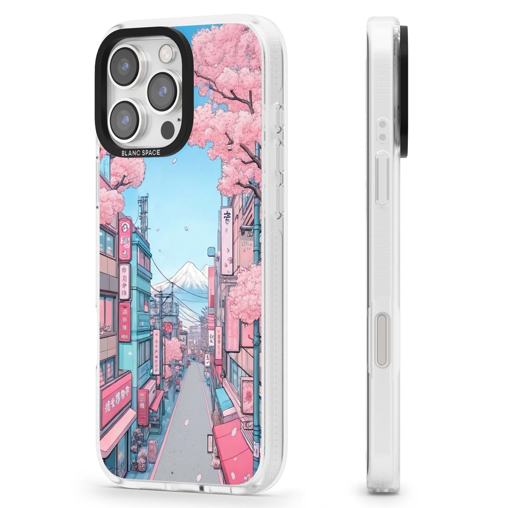 Sakura Lane anime iPhone case featuring Tokyo street scene with cherry blossoms and Mount Fuji | Clear Case Impact Air case for iPhone 16 Pro, iPhone 16 Pro Max